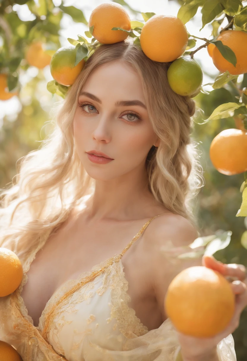 (ultra high res,best quality), (8k, best quality, masterpiece), ((nsfw)),best quality, masterpiece, illustration,CG ,unity ,wallpaper, official art, Amazing, finely detail, an extremely delicate and beautiful,extremely detailed, highly detailed, sharp focus,rich background,blurry background, ((small breasts)) With robes that shimmer like citrus fruit, this enchantress wields the power of oranges, lemons, and limes. Her staff is topped with a glowing orb that changes color, resembling the shifting shades of a sunset over an orchard. Her hair is styled in intricate braids adorned with citrus slices, and her eyes have a sparkling vibrancy like freshly squeezed juice,upper body