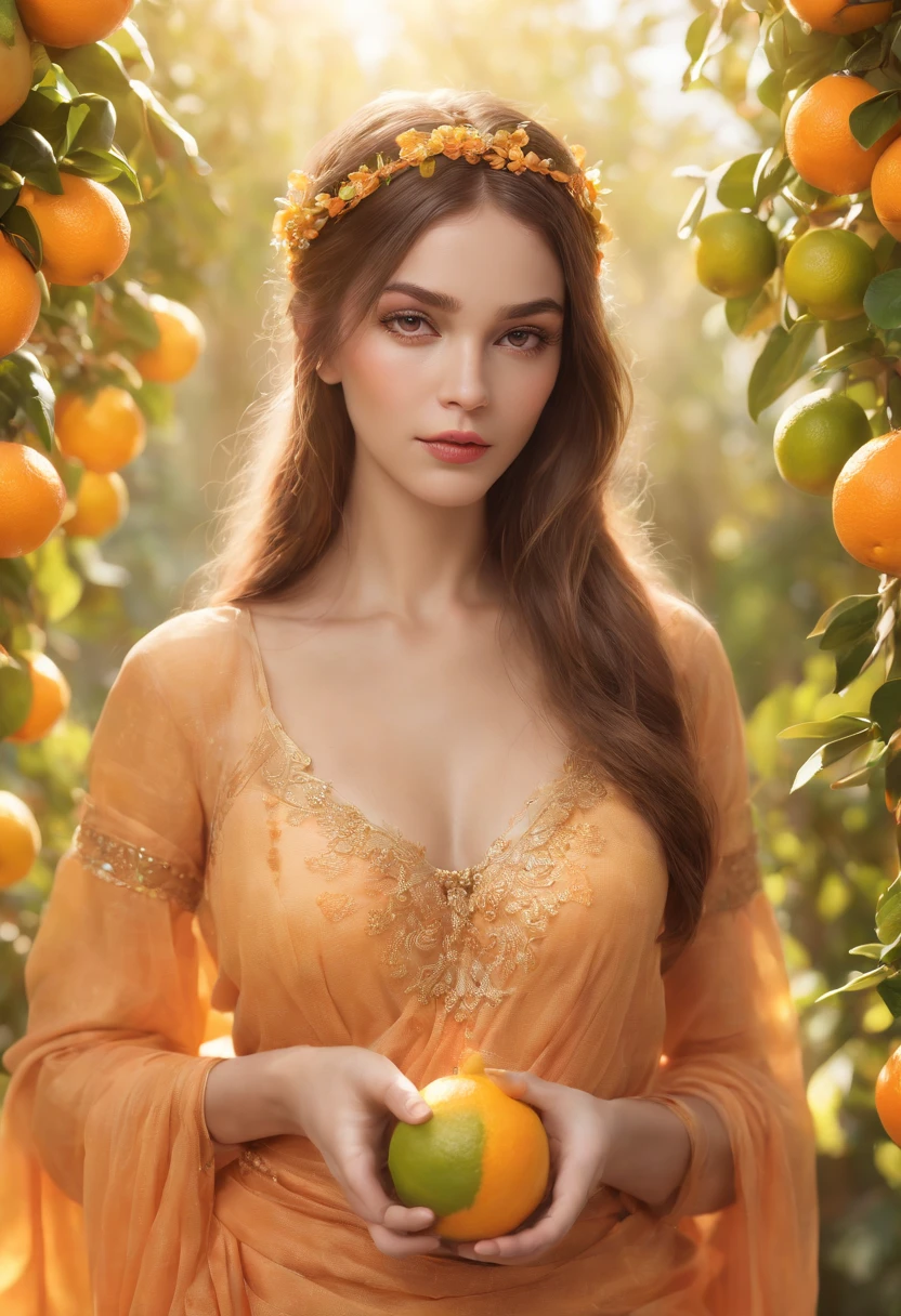 (ultra high res,best quality), (8k, best quality, masterpiece), ((nsfw)),best quality, masterpiece, illustration,CG ,unity ,wallpaper, official art, Amazing, finely detail, an extremely delicate and beautiful,extremely detailed, highly detailed, sharp focus,rich background,blurry background, ((small breasts)) With robes that shimmer like citrus fruit, this enchantress wields the power of oranges, lemons, and limes. Her staff is topped with a glowing orb that changes color, resembling the shifting shades of a sunset over an orchard. Her hair is styled in intricate braids adorned with citrus slices, and her eyes have a sparkling vibrancy like freshly squeezed juice,upper body