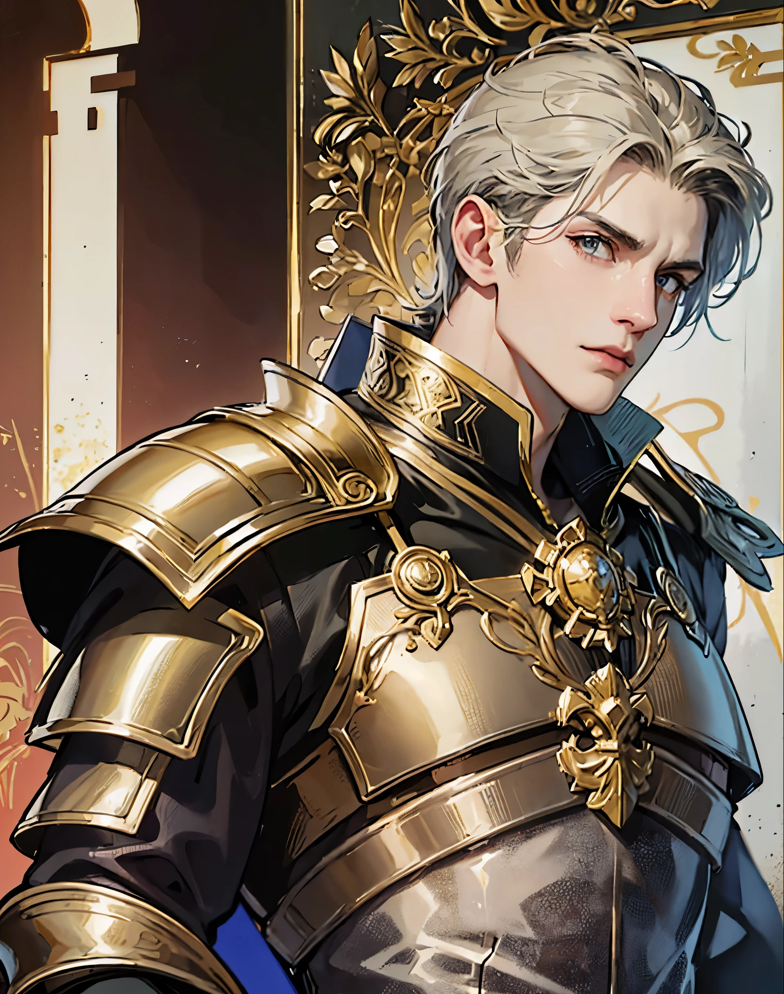 Lord Caius Marcellus, the Master of the Royal Guard and secret lover of Empress Seraphina. He is depicted as a noble and formidable figure, clad in the royal guard's armor, which is both elegant and practical, reflecting his high status and the responsibilities he bears. His armor is adorned with symbols of the Holy Empire of Etreal and personal insignia that signify his personal oath to protect the Empress at all costs. Despite the armor's toughness, there's a gentleness in his eyes, showcasing his good heart and pure intentions. He stands in the royal palace, perhaps near the throne or in a private chamber that hints at his intimate connection with the Empress. His posture is upright, exuding confidence and loyalty, but there's a hint of contemplation, reflecting his inner conflict between duty and morality. The background might subtly include elements that hint at his skills in combat and strategy, such as a finely crafted sword or a strategic map of the empire, Art Styles: high fantasy, Renaissance, Art Inspirations: heroic portraiture, fantasy novel covers, Camera: 50mm, Shot: medium shot, Render Related Information: high resolution, detailed with a focus on the textures of his armor and the softness of his expression, ambient lighting to highlight his noble yet complex character.
