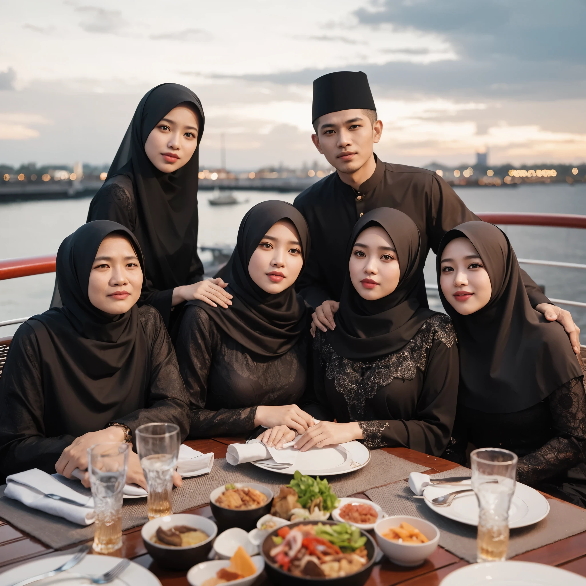 outdoor photo, featuring a Indonesian family portrait with 6 members. TWO 58 yo women wearing hijab, wEARING black gamis sharia, THREE girl 22 yo with hijab, WEARING BLACK GAMIS SHARIA.L, a 30 yo MAN, they are wearing formal cloth, dinner islamic food at exclusif restaurant roof top cruise ship, beautuful light, romantic moment, good sea view, professional photografi, ultra detailed