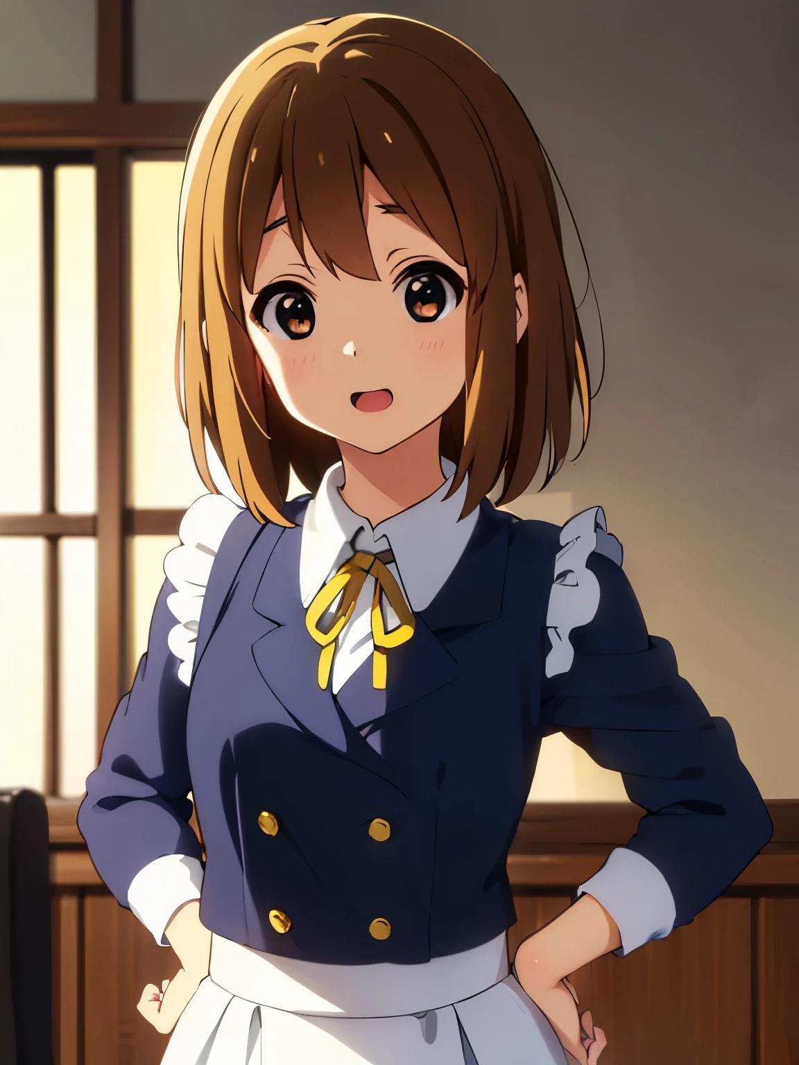 1girl, (((​masterpiece))), top-quality, top-quality, High Details, hirasawa yui, 1girl, Sakuragaoka High School Uniform, student clothes, maid cafe uniform, two-yellow hairpin, short hair, A brown-haired, brown-eyed, 独奏, reddish, thin blue ribbon, Solid white buttoned shirt under blazer, illustratio, comic strip, soothing tones, Subdued Color, Soft cinematic light, adobe lightroom, photolab, HDR, intricately and hyper-detailed、(((depth of fields))))。(((​masterpiece)))。(((top-quality))).)((ultra-detailliert)))。(((illustratio)))。(((takeout))).dynamic focus.big breasts.(((canteen))).(((A school))).(((Face of happy))). open mouth.(((put hands on the hip))).(((up chest))).((morning glow)).((the setting sun)).