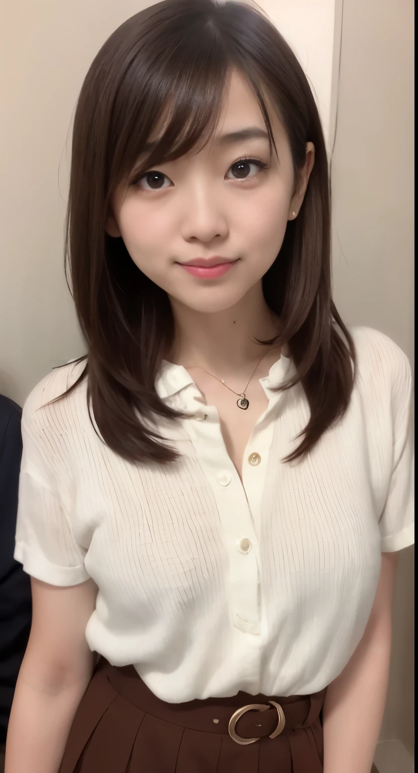 Asian woman in arafe wearing white shirt and brown skirt, Yoshitomo Nara, Cute girl - well-groomed face, with short hair, beautiful asian girl, cute - well-groomed - face, 🤤 girl portrait, Clean and cute face, beautiful japanese girl face, young and cute girl, nice delicate face, cute natural anime face
