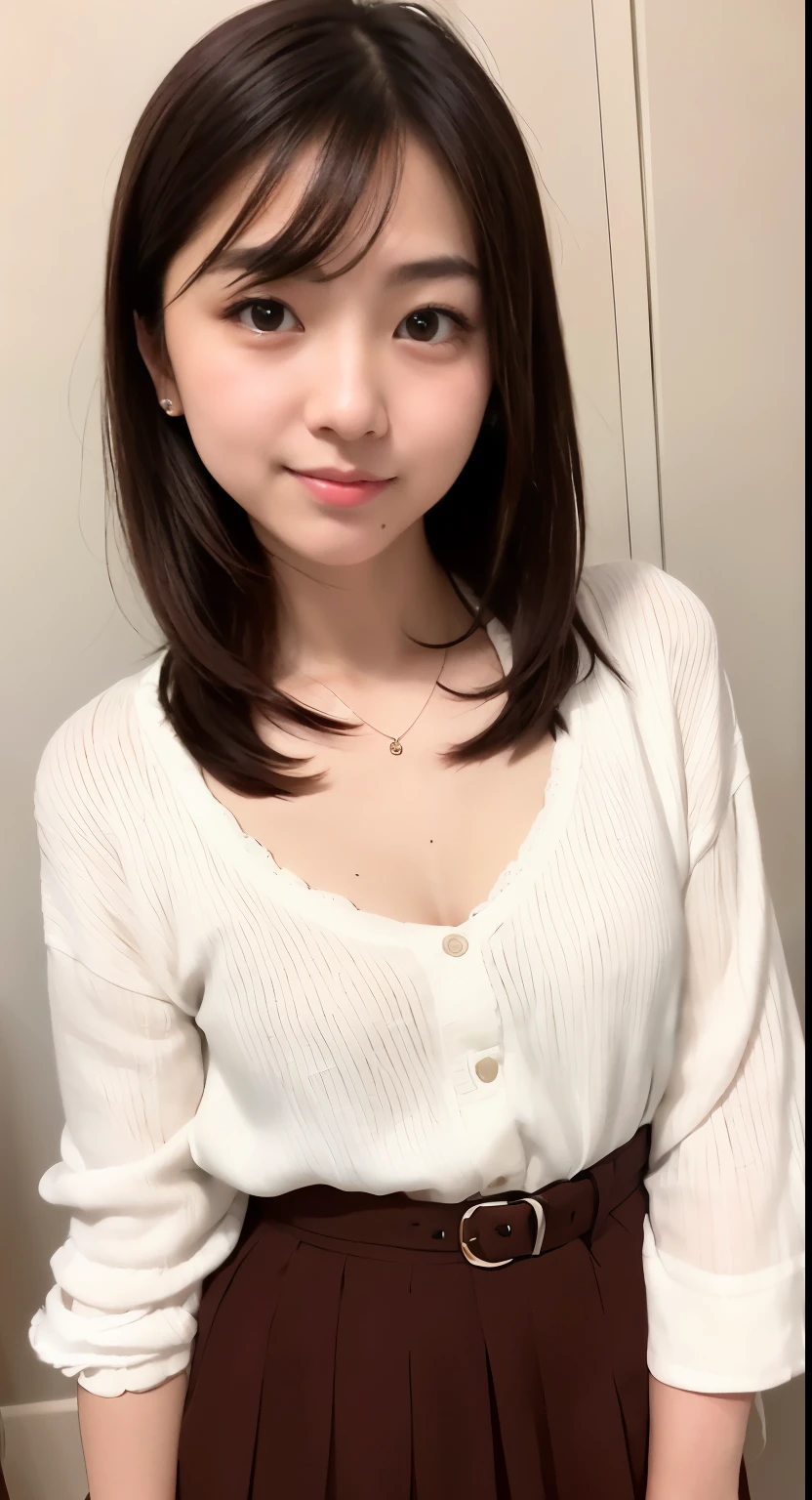 Asian woman in arafe wearing white shirt and brown skirt, Yoshitomo Nara, Cute girl - well-groomed face, with short hair, beautiful asian girl, cute - well-groomed - face, 🤤 girl portrait, Clean and cute face, beautiful japanese girl face, young and cute girl, nice delicate face, cute natural anime face
