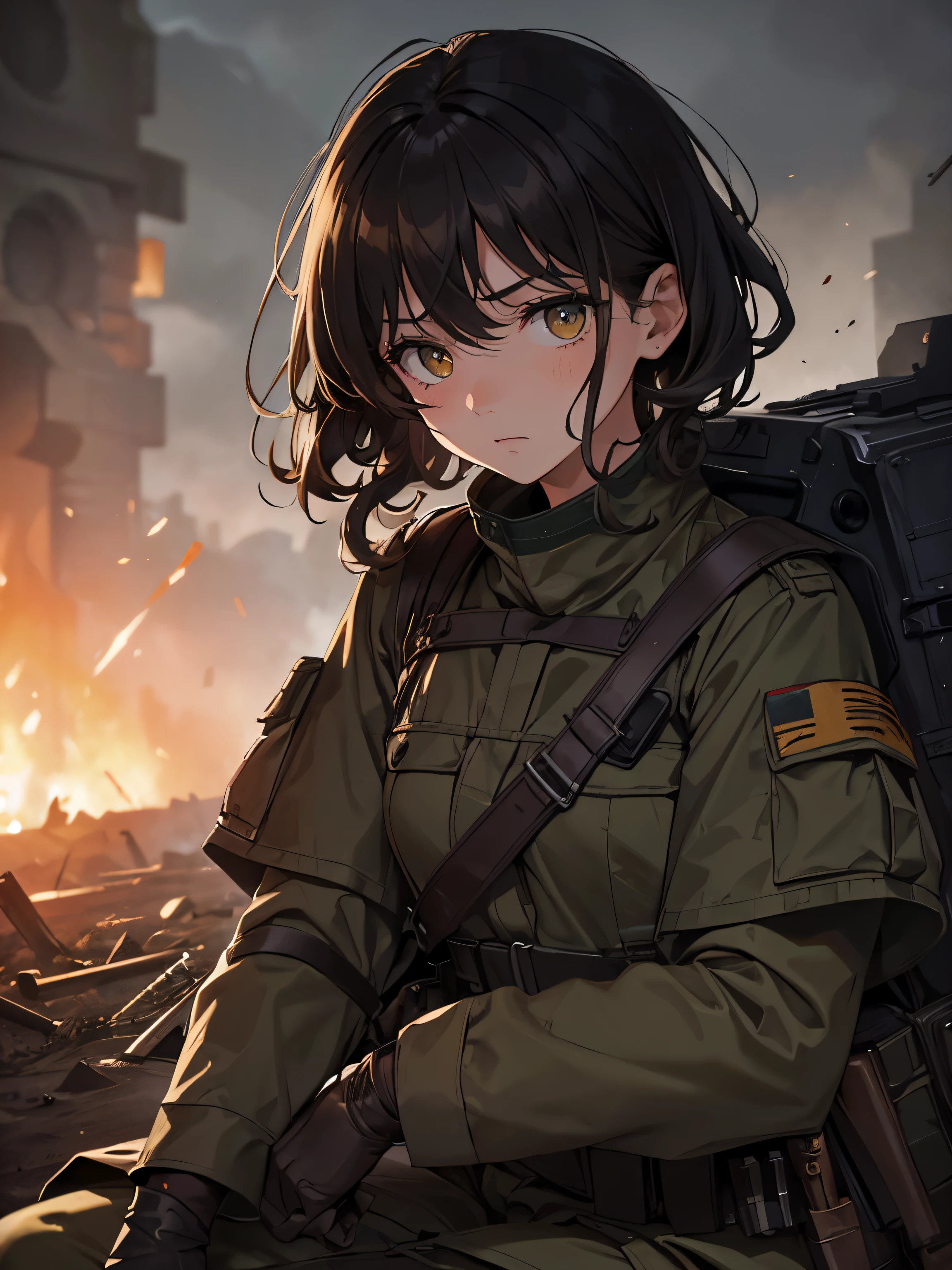 Masterpiece, close up, dark sky, war, battle, smoke, gunfire, explosions, warzone, trench, woman, scared, nervous expression, dirty face, sitting in trench, gripping rifle, black hair, curly hair, messily cut hair, brown eyes, green military outfit, olive body armour, ballistic belt, helmet