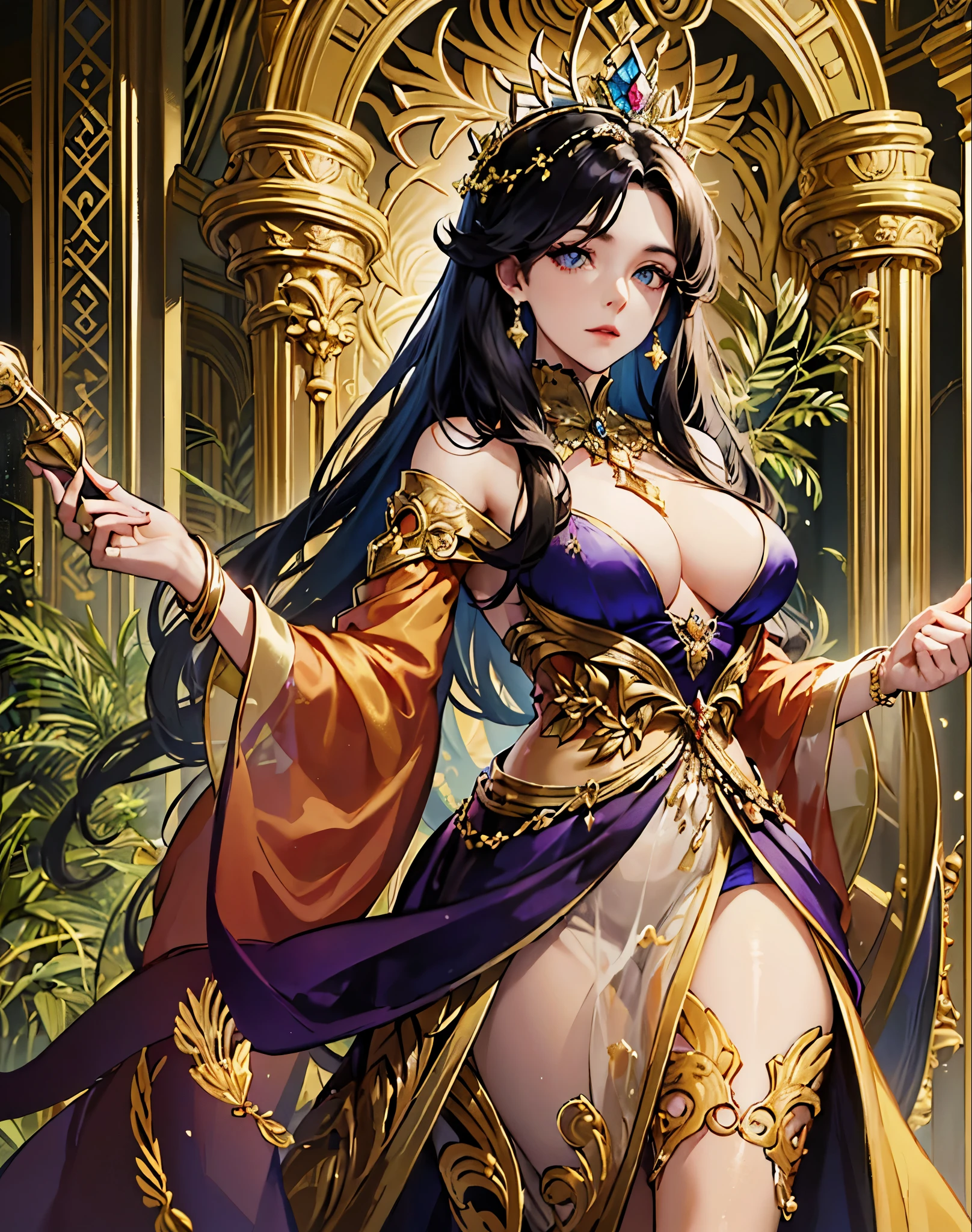 Empress Seraphina, age 28, during her majestic and ethereal coronation ceremony in the most opulent hall of the royal palace. She exudes an elegant and commanding aura, her features refined and crowned with a diadem that radiates exquisite beauty and formidable power. Her coronation attire is the pinnacle of elegance and sorcery, a breathtaking gown of midnight black interwoven with threads of gold and deep crimson, symbolizing her imperial authority and the arcane mysteries she controls. The fabric seems ethereal, shimmering with a life of its own, adorned with symbols of ancient power and protection. Draped over her shoulders is a cloak that seems woven from the very essence of night, secured with a brooch that bears the majestic emblem of The Holy Empire of Etreal. Clasped in her hand is a scepter, an artifact of undeniable power and elegance, rumored to contain a shard of pure darkness at its core, symbolizing her alliance with shadow realms. The grand hall is a vision of otherworldly beauty, bathed in soft, ambient light that casts a gentle glow on her, creating a scene of divine majesty. Nobles and subjects alike are captivated by her ethereal presence, the air filled with the scent of rare incenses, marking the beginning of a new era under her reign, Art Styles: ethereal fantasy, Renaissance elegance, Art Inspirations: celestial imagery, high fantasy art, Camera: medium telephoto, Shot: full length, Render Related Information: ultra-high resolution, intricate details emphasized with soft, glowing lighting to enhance her ethereal and majestic aura, with a focus on the ethereal quality of her attire and the mystical ambiance of the setting.