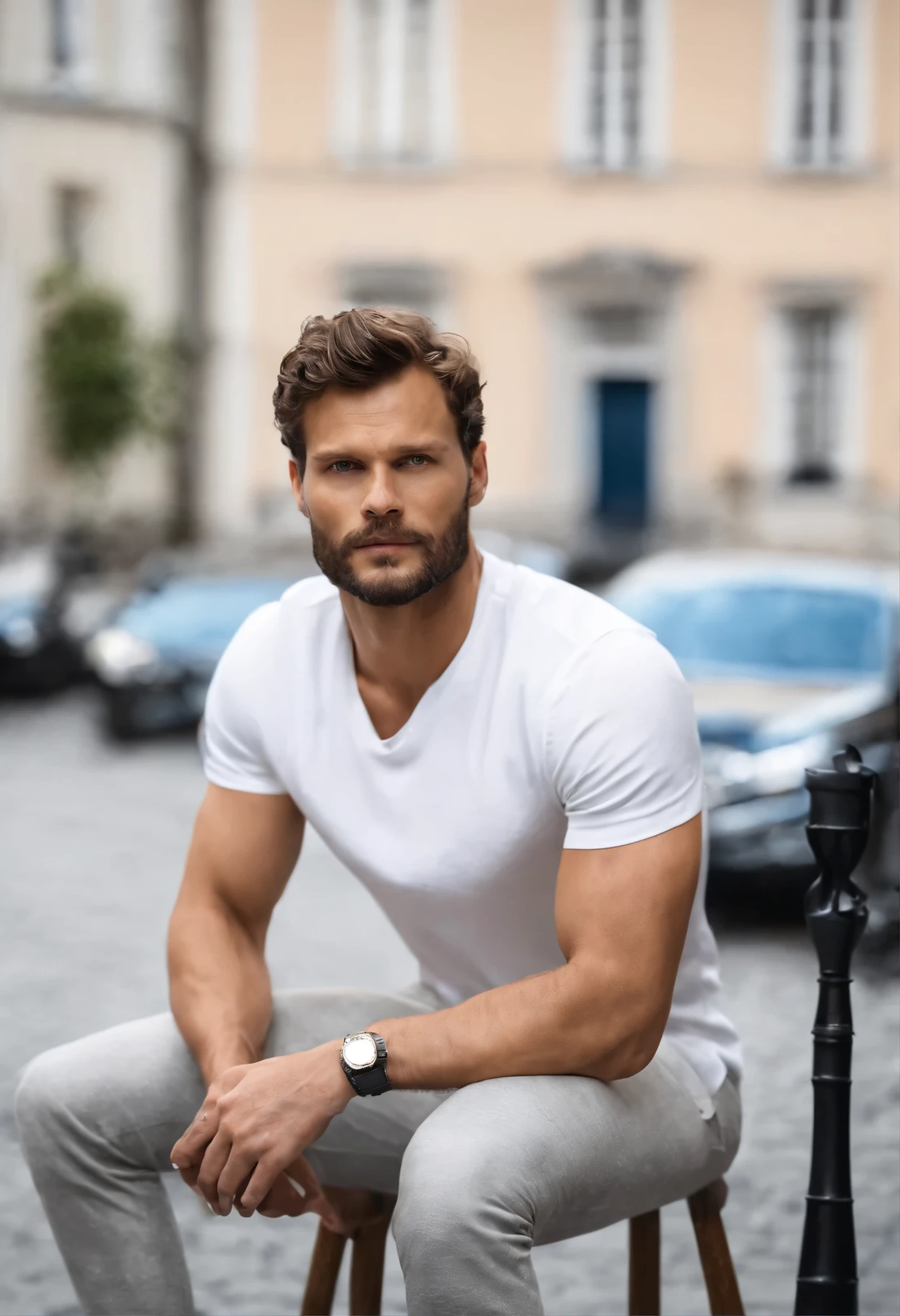 (Hombre con camiseta blanca), ), (Llevar barba completa,) Mirada atractiva y seria., dark brown hair, elegante y con estilo, y camiseta de cuerpo fuerte, hombre parecido al actor jamie dornan, (imagen realista y de alta calidad), in the background Scandinavian apartment with designer furniture and blue wall color in the background, ((Mejor calidad, 8k, obra maestra).