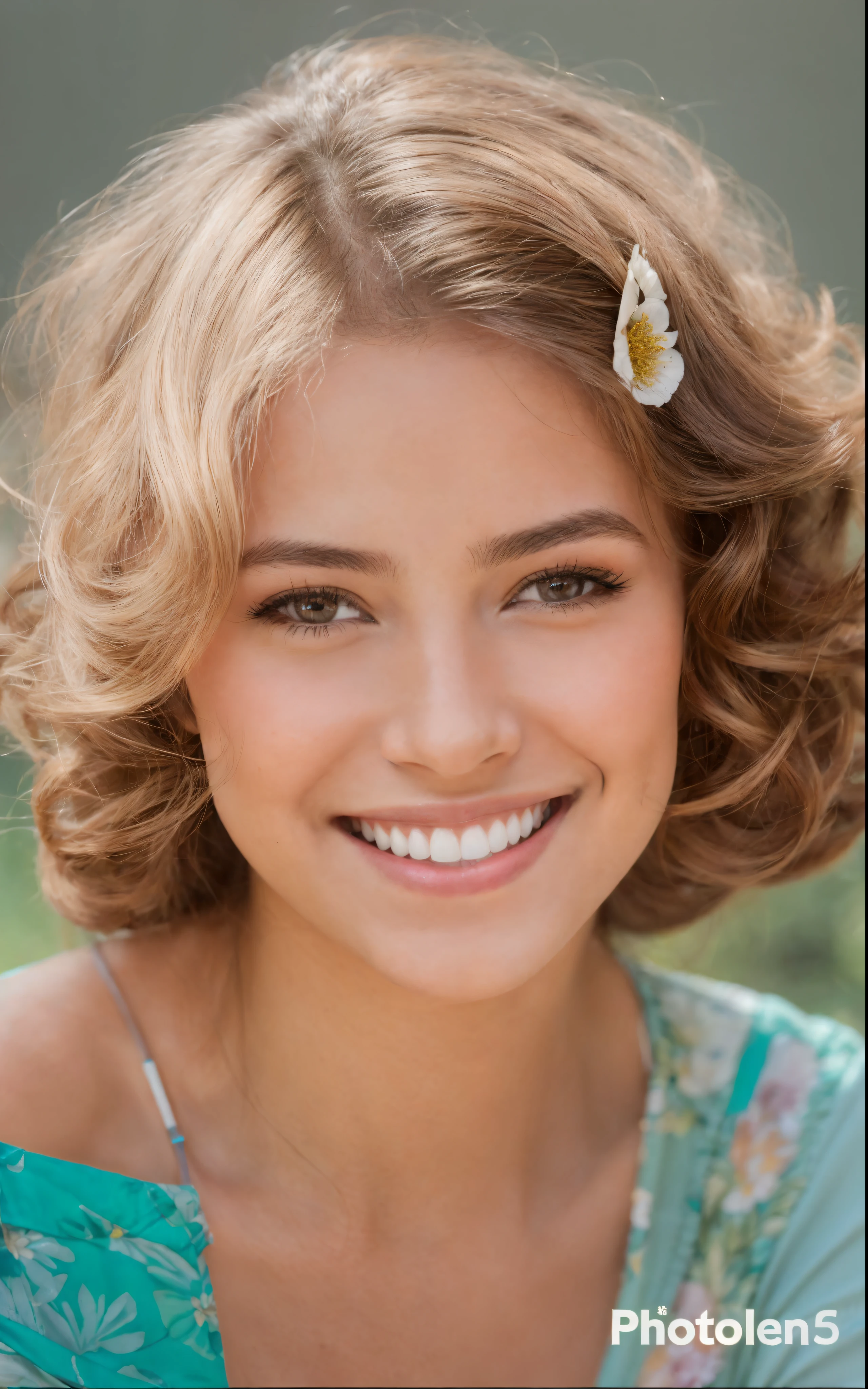 Retrato de una joven con una flor en el pelo, hermosa y sonriente, con una hermosa sonrisa, Retrato en primer plano, Sofia Melenko, Primer plano de la cabeza, Hermosa modelo joven, ella esta sonriendo, hermosa sonrisa, hermosa cara sonriente, Retrato en color, Retrato de alta calidad, hermosa cara sonriente, Chica sonriente, sonriendo dulcemente, bonita sonrisa