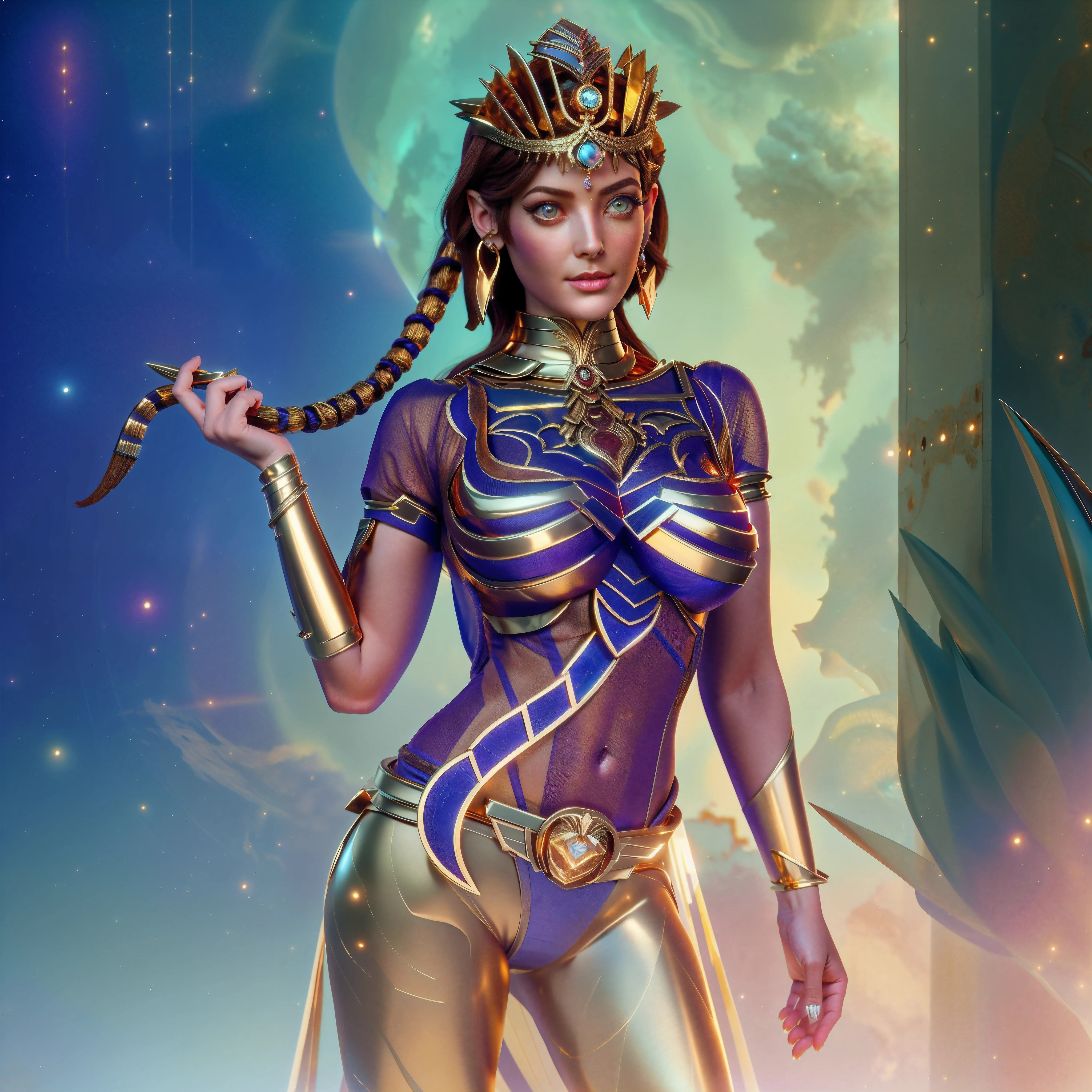 cleopatra arafed disfrazada con sexy lingerie de diamante y oro, sosteniendo la cola de un escorpion en la mano., portrait of a scorpion goddess, Reina egipcia, Hybrid Scorpio Woman, antigua princesa Libu, Diosa antigua, Djinn Human Hybrid, Hermoso fondo egipcio, ne zha de herir, Artgerm Julie Bell Beeple, diosa del amor femenina de piel oscura, a beautiful fantasy empress