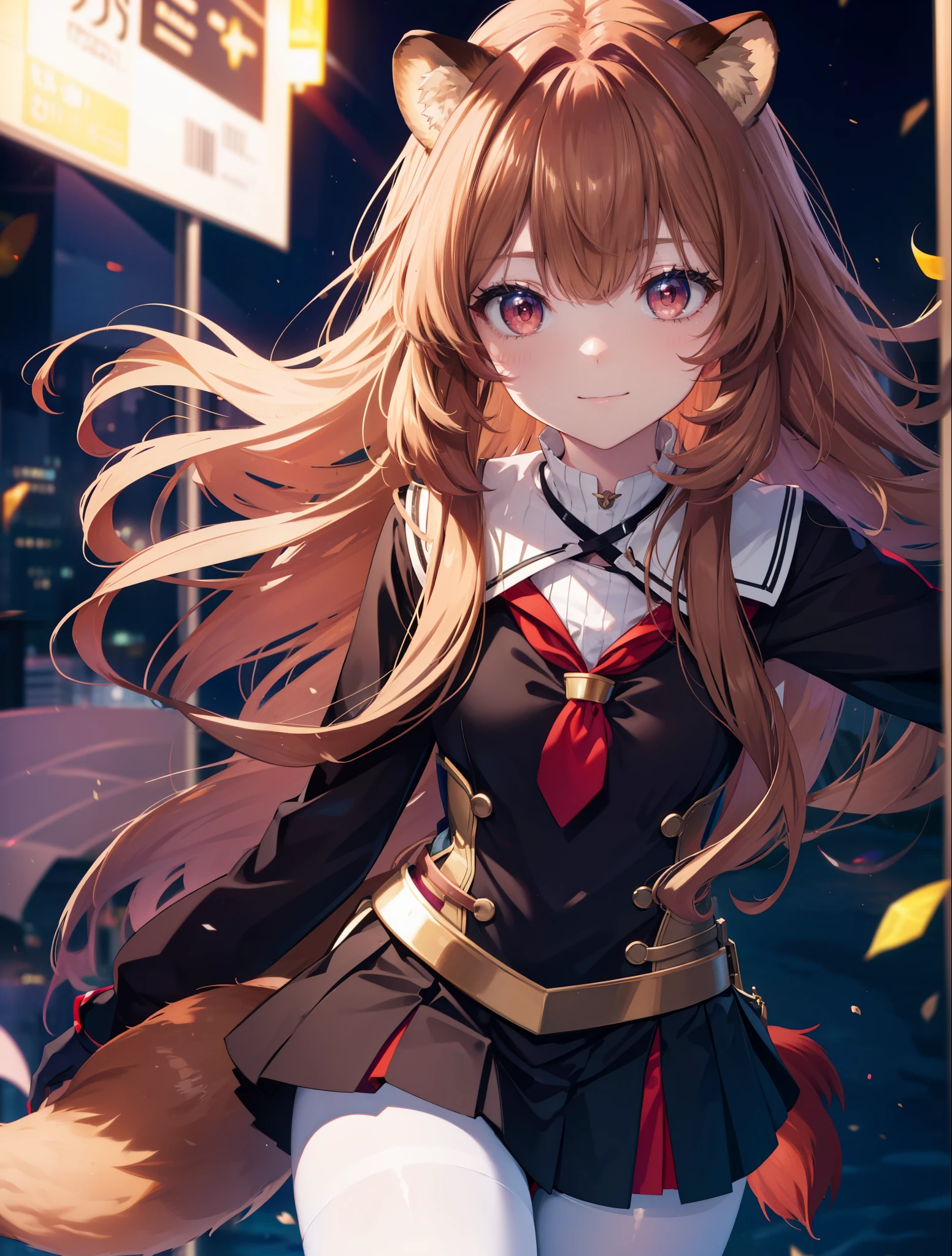 Raphtalia, Raphtalia, animal ears, brown hair, long hair, raccoon ears, raccoon girl, racoon tail, (red eyes:1.5), tail,black sailor suit,black pleated skirt,white cardigan,white pantyhose,brown loafers,Schoolback,city,walk,morning,bright,smile,highest quality, High resolution, unity 8k wallpaper, (shape:0.8), (Beautiful detailed eyes:1.6), extra detailed face, perfect lighting, extremely details CG, (perfect hands, perfect anatomy), (