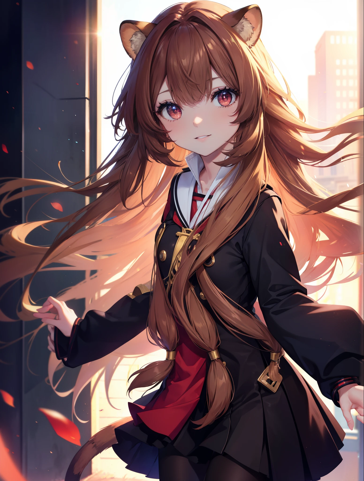 Raphtalia, Raphtalia, animal ears, brown hair, long hair, raccoon ears, raccoon girl, racoon tail, (red eyes:1.5), tail,black sailor suit,black pleated skirt,white cardigan,white pantyhose,brown loafers,Schoolback,city,walk,morning,bright,smile,highest quality, High resolution, unity 8k wallpaper, (shape:0.8), (Beautiful detailed eyes:1.6), extra detailed face, perfect lighting, extremely details CG, (perfect hands, perfect anatomy), (
