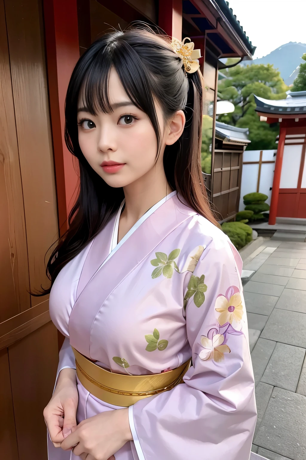 （super highest quality、In 8K、Masseter muscle part、delicate illustrations）、she is a very beautiful japanese housewife.（Around 30 years old）、Odango hairstyle（with hair ornament）、perfect body shape、（Japanese luxury kimono 1.1）、Outside the shrine of Japan、