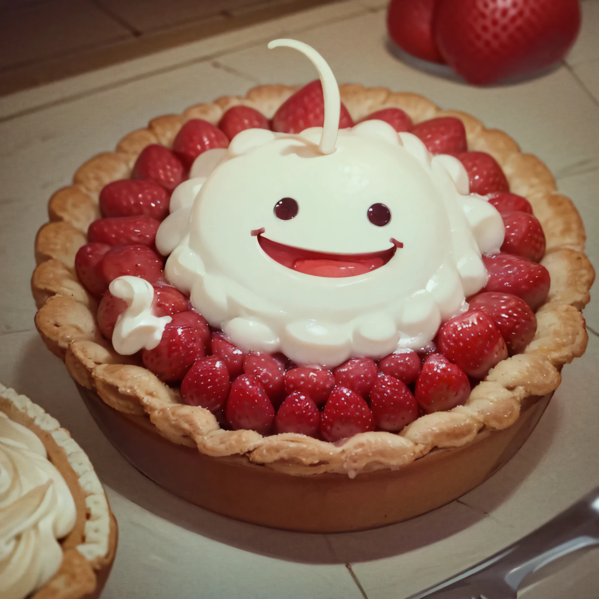 Machen Sie einen Kuchen mit Erdbeeren und Sahne, Cartoon-Stil, Smiley darauf, Tortenschachtel