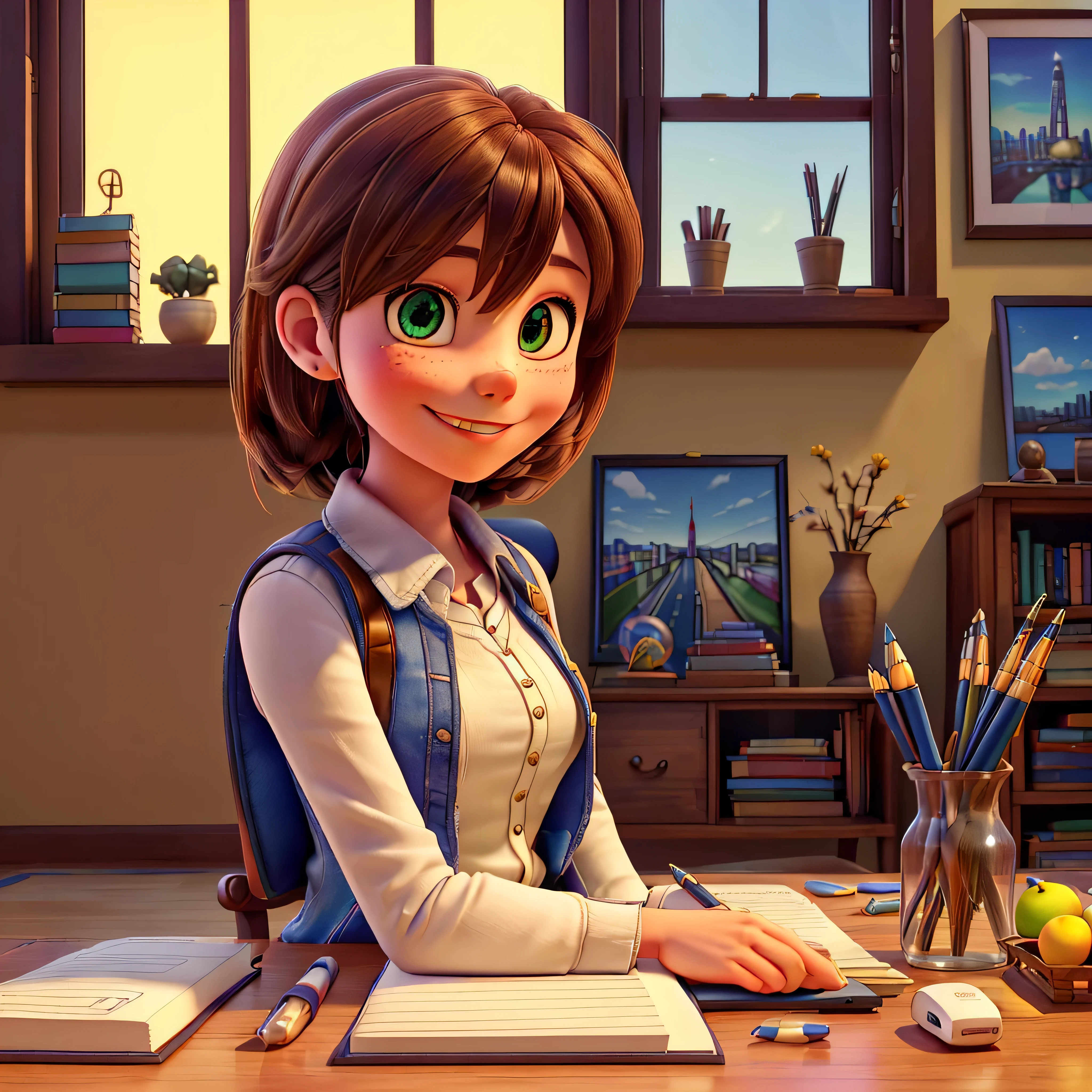 (epic Masterpiece, ultra highest quality, ulra highest resolution, ulra high-definition, distinct_image, very elaborate CG, cinematic lighting, ray tracing, drop shadows, detailed detail, (photorealistic: 1.4), ultra high quality textures, fine-grained, realistic face expression): (lone girl, face is Japan, brown short hair, small size breasts, sparkling eyes, Eye level shot, happy smile, beauty, slim body, holiday, own room, console game, computer, display, keyboard, mouse, long leather skirt, collared shirt, leather vest, handgun holder, carrying leather bag on your back, long boots, antique radio, coffee, model train, bookshelf, spacious chair, Pots, fans, paintings, stuffed animals, ties, notebooks, stationery, vases, photo frames, letters, fountain pens, calendars, lamps, cushions, baskets, mirrors reflecting in profile, candles, newspapers, sweets, city view outside the window, telephone, fruit) varied multi etc. --v 6 --s 1000 --c 20 --q 20 --chaos 100