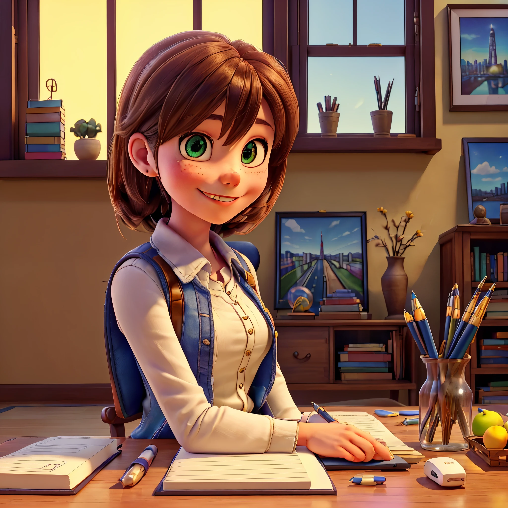 (epic Masterpiece, ultra highest quality, ulra highest resolution, ulra high-definition, distinct_image, very elaborate CG, cinematic lighting, ray tracing, drop shadows, detailed detail, (photorealistic: 1.4), ultra high quality textures, fine-grained, realistic face expression): (lone girl, face is Japan, brown short hair, small size breasts, sparkling eyes, Eye level shot, happy smile, beauty, slim body, holiday, own room, console game, computer, display, keyboard, mouse, long leather skirt, collared shirt, leather vest, handgun holder, carrying leather bag on your back, long boots, antique radio, coffee, model train, bookshelf, spacious chair, Pots, fans, paintings, stuffed animals, ties, notebooks, stationery, vases, photo frames, letters, fountain pens, calendars, lamps, cushions, baskets, mirrors reflecting in profile, candles, newspapers, sweets, city view outside the window, telephone, fruit) varied multi etc. --v 6 --s 1000 --c 20 --q 20 --chaos 100