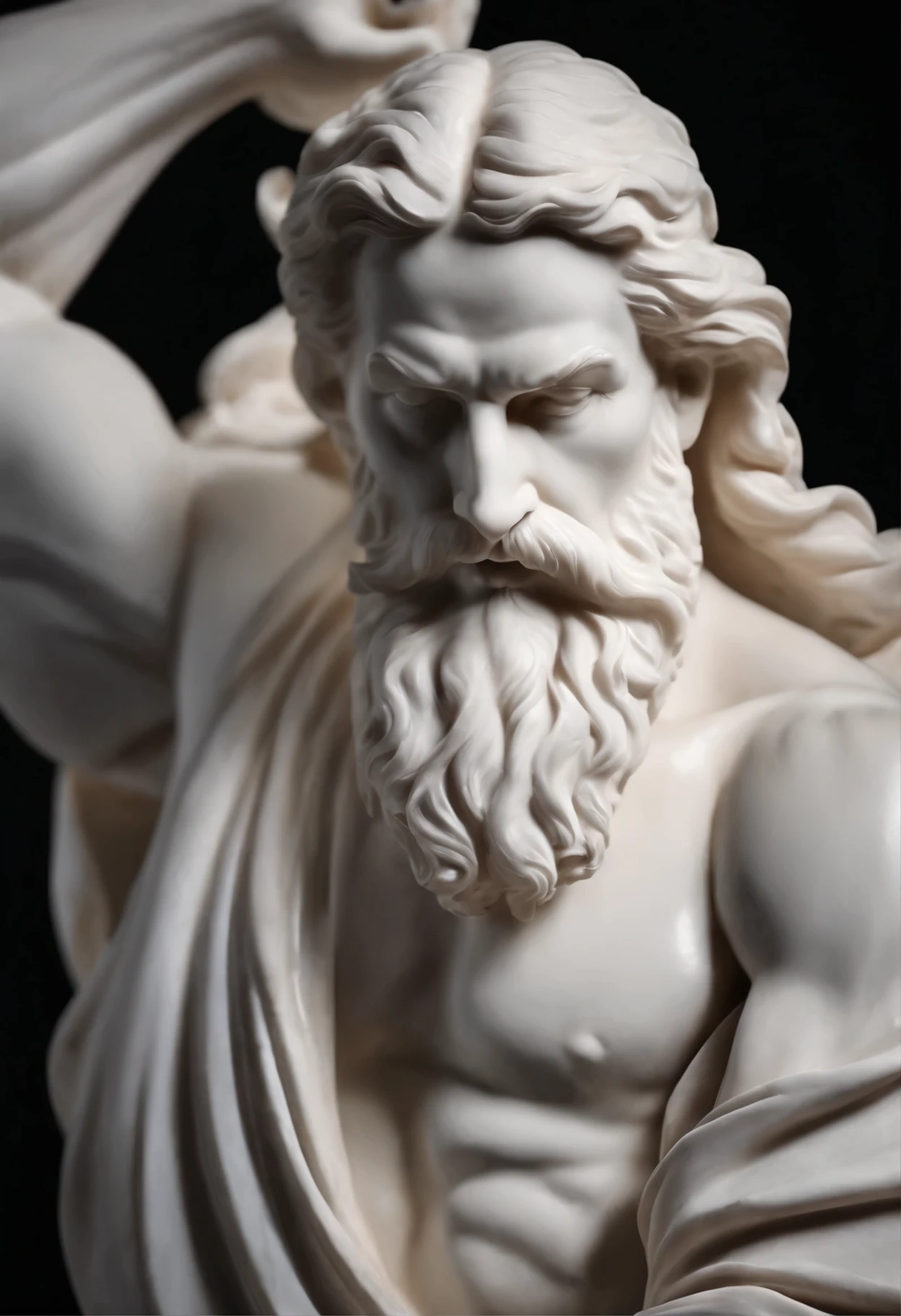 White marble statue,The muscles are clearly visible, night,in the dark square,Bearded man with serious expression, at the photographer'style, black background, Very detailed, Surrealism.