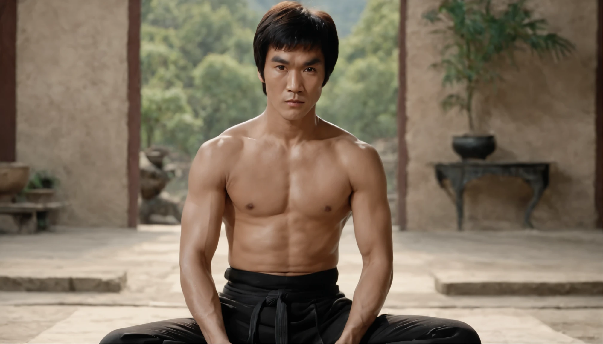 The Way of the Dragon (1972), starring Bruce Lee, man sitting in yoga position on the floor, in the background Chinese temple used for kung fu training, inspired by Liao Chi-chun, stoic pose, meditation pose, meditating, portrait of Bruce Lee •, sitting cross-legged, cinematic body shot, cinematic frontal photo, muscles, black pants, shirtless, 60s kung fu film It was meditation, sitting on the floor, Sukhasana, work of art, Gorgeous, hyper detailed, ultra intricate, 8K Ultra HD, best quality, highest resolution, Gorgeous, Realism，ultra high resolution