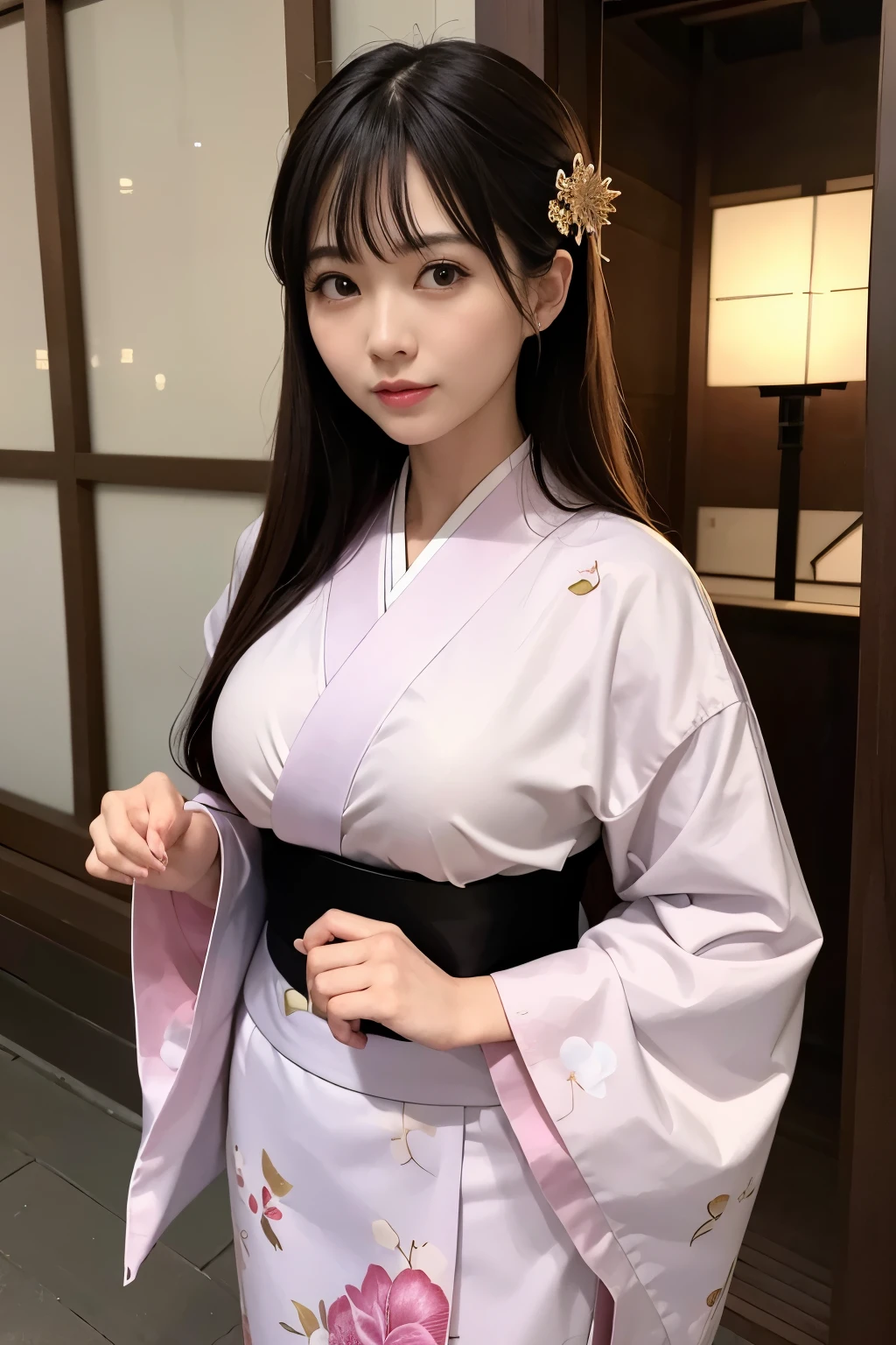 （super highest quality、In 8K、Masseter muscle part、delicate illustrations）、she is a very beautiful japanese housewife.（Around 30 years old）、Odango hairstyle（with hair ornament）、perfect body shape、（Japanese luxury kimono 1.1）、Outside the shrine of Japan、