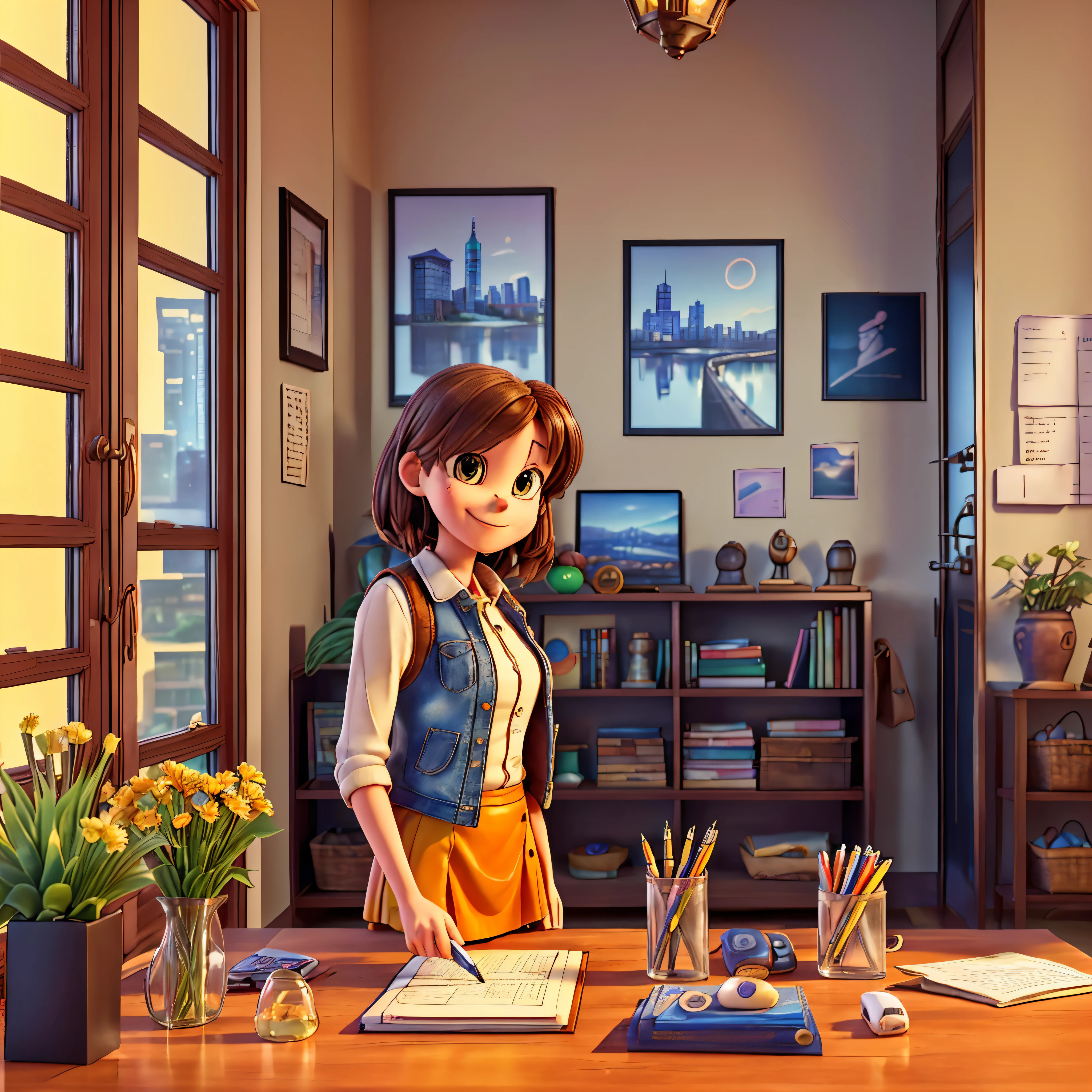 (epic Masterpiece, ultra highest quality, ulra highest resolution, ulra high-definition, distinct_image, very elaborate CG, cinematic lighting, ray tracing, drop shadows, detailed detail, (photorealistic: 1.4), ultra high quality textures, fine-grained, realistic face expression): (lone girl, face is Japan, brown short hair, small size breasts, sparkling eyes, Eye level shot, happy smile, beauty, slim body, holiday, own room, console game, computer, display, keyboard, mouse, long leather skirt, collared shirt, leather vest, handgun holder, carrying leather bag on your back, long boots, antique radio, coffee, model train, bookshelf, spacious chair, Pots, fans, paintings, stuffed animals, ties, notebooks, stationery, vases, photo frames, letters, fountain pens, calendars, lamps, cushions, baskets, mirrors reflecting in profile, candles, newspapers, sweets, city view outside the window, telephone, fruit) varied multi etc. --v 6 --s 1000 --c 20 --q 20 --chaos 100