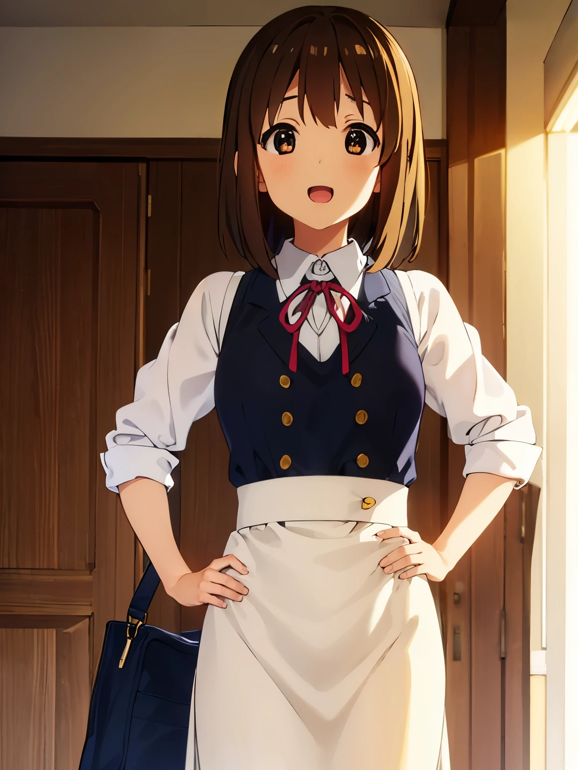 1girl, (((masterpiece))), top-quality, top-quality, High Details, hirasawa yui, 1girl, Sakuragaoka High School Uniform, student clothes, maid cafe uniform, two-yellow hairpin, short hair, A brown-haired, brown-eyed, 独奏, reddish, thin blue ribbon, Solid white buttoned shirt under blazer, illustratio, comic strip, soothing tones, Subdued Color, Soft cinematic light, adobe lightroom, photolab, HDR, intricately and hyper-detailed、(((depth of fields))))。(((masterpiece)))。(((top-quality))).)((ultra-detailliert)))。(((illustratio)))。(((takeout))).dynamic focus.big breasts.(((canteen))).(((A school))).(((Face of happy))). open mouth.(((put hands on the hip))).(((up chest))).((morning glow)).((the setting sun)).