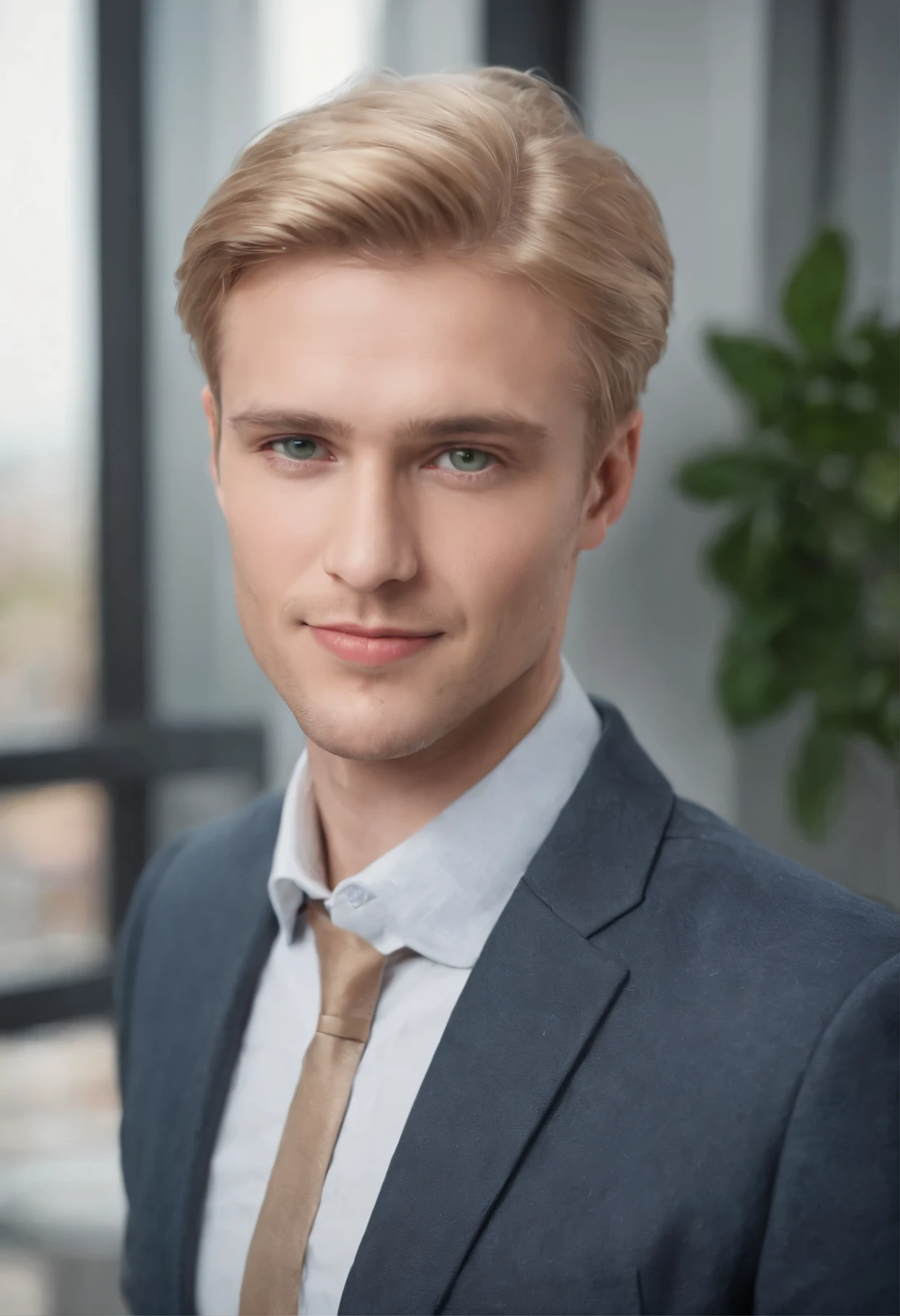 (blond hair,green eyes,perfect teeth,nose sandals,lawyer:1.1),white male,30 years old. [detailed face],[stylish],confident expression,standing position,[modern office],[natural sunlight],open book,files,computer,professional attire,positive atmosphere,lively background colors.