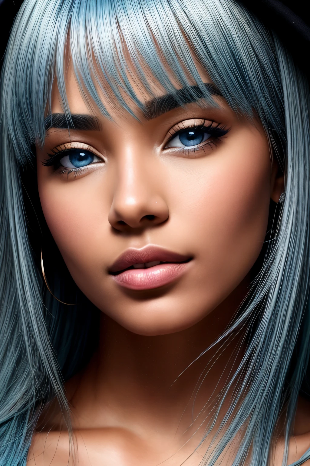 This high-resolution masterpiece showcases the incredible talent of a professional artist known as sciamano240. With its stunning 8k resolution, this artwork brings out the true beauty of the subject. The art style, characterized by meticulous attention to detail, perfectly captures the essence of a mature, dark-skinned woman. The artist's skill is evident in the incredibly detailed face, hair, and clothes, creating a lifelike portrayal. The image focuses solely on the head and neck, allowing for an extreme close-up of the subject's captivating features. The woman possesses a strikingly beautiful face, adorned with long, light blue hair that cascades down to her shoulders. Her eyes, a mesmerizing shade of blue, captivate the viewer with their intricate