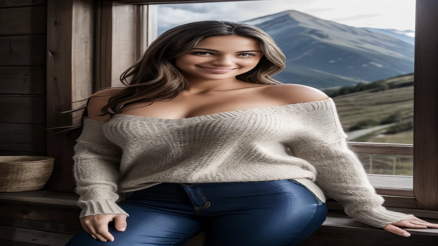 morena linda , 25 anos, em uma cabana nas montanhas, Pequeno sorriso leve, flirting with the camera, pose sexy, Ultra HD, cinematic light, (light-colored wool sweater:1.0),(ombro nu:0,5),(skin tight pants:1.0),Fundo desfocado, 95D, Mountain view through the window