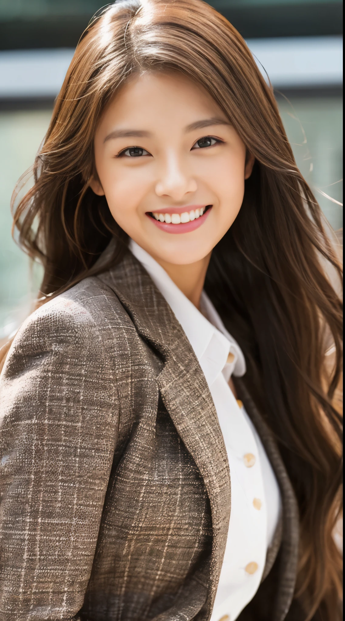 I am an office lady with semi-long brown hair..、I'm a fashion model wearing a suit.、brown eyes、laughter、