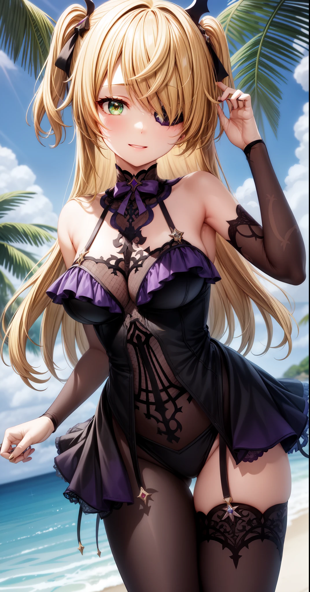 anime, beautiful face, highly detailed face, (2 accurate legs:1.0), green detailed eyes, highly detailed beach background, perfect lighting, best lighting, hair ornament, 1girl, solo, fischl, genshin impact, outdoors, on the beach, (beautiful blonde hair:1.2), absurdres, high res, ultrasharp, 8K, masterpiece, looking at viewer, loving smile, BREAK (detailed sexy purple beach bikini:1.2), (intricate all lace:1.2), (beautiful black heels:1.2),