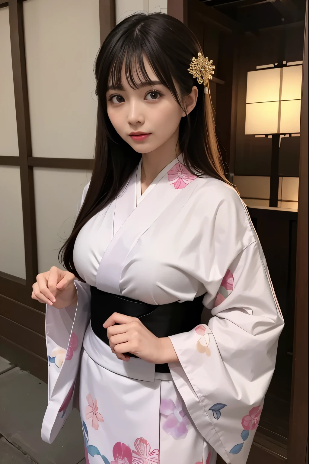 (super highest quality、In 8K、Masseter muscle part、delicate illustrations)、she is a very beautiful japanese housewife.(Around 30 years old)、Odango hairstyle(with hair ornament)、perfect body shape、(Japanese luxury kimono 1.1)、Outside the shrine of Japan、