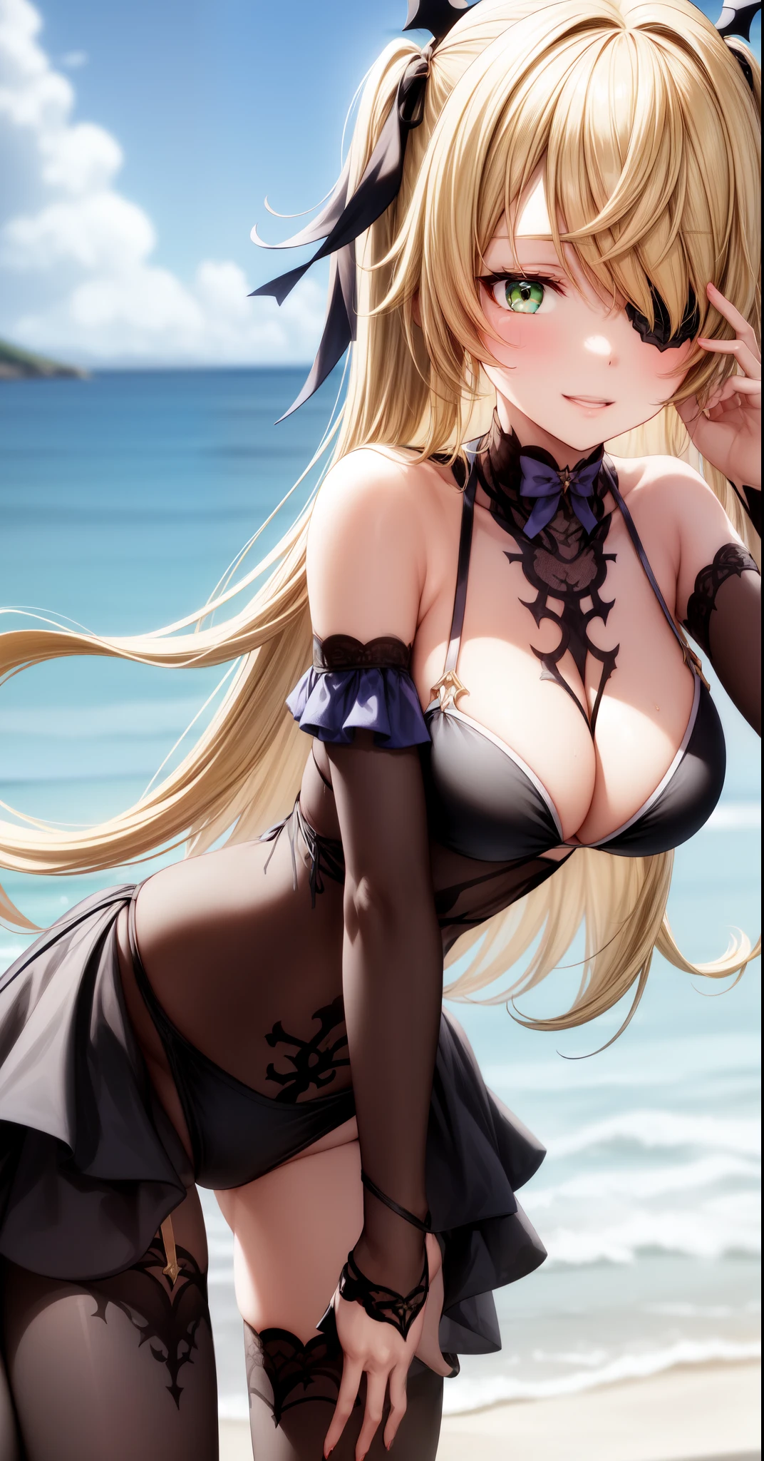 anime, beautiful face, highly detailed face, (2 accurate legs:1.0), green detailed eyes, highly detailed beach background, perfect lighting, best lighting, hair ornament, 1girl, solo, fischl, genshin impact, outdoors, on the beach, (beautiful blonde hair:1.2), absurdres, high res, ultrasharp, 8K, masterpiece, looking at viewer, loving smile, BREAK (detailed sexy beach bikini:1.4), (intricate all lace:1.2), (beautiful black heels:1.2),
