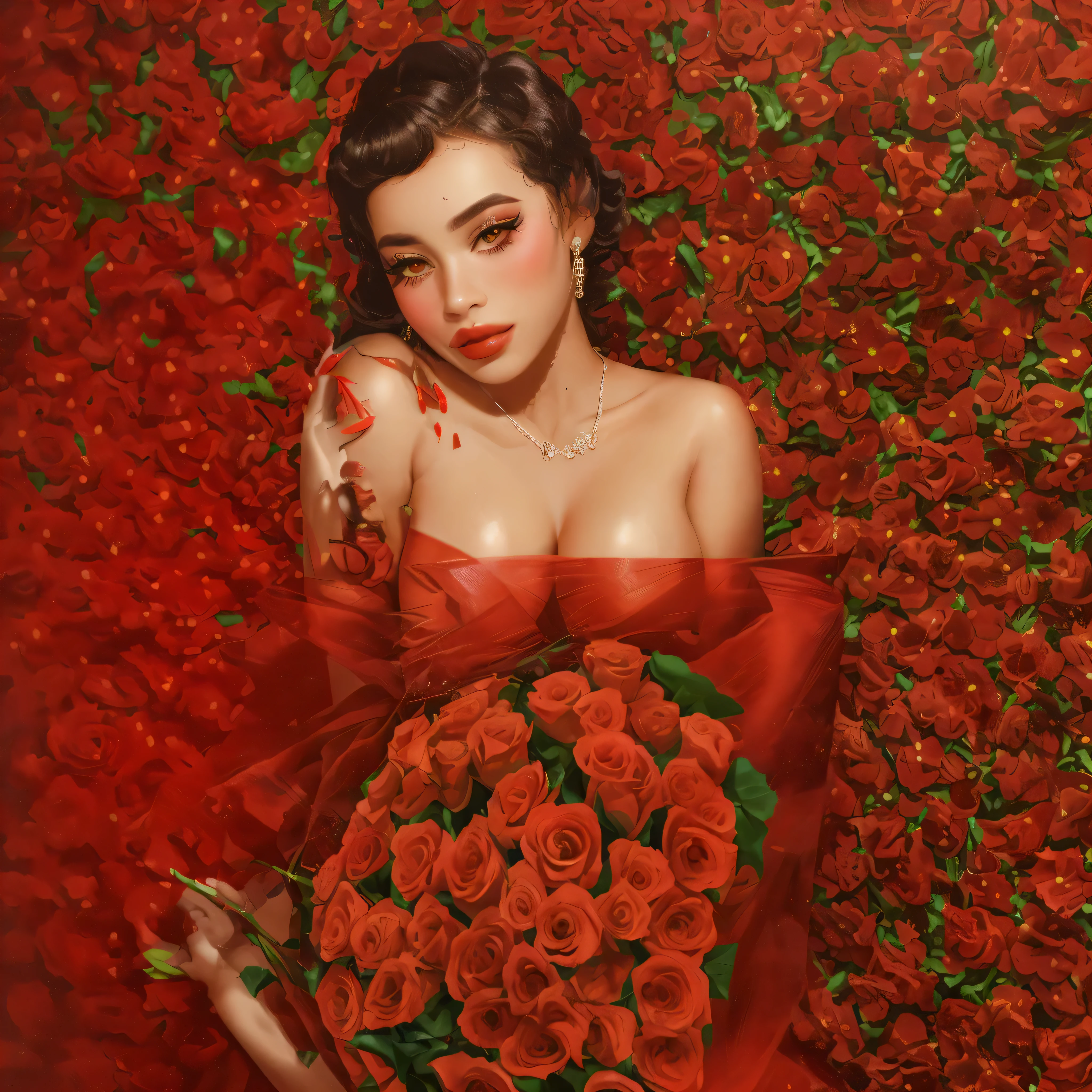there is a woman holding a bouquet of roses in front of a wall of roses, red roses, laying on roses, roses, roses in her hair, queen of flowers, celestial red flowers vibe, album art, ashy, holding flowers, doja cat, red neon roses, official artwork, in red background, with flowers, she is the queen of black roses