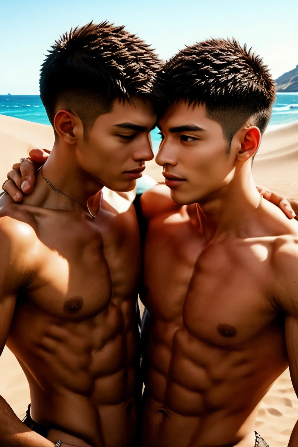 two sexy guys touching each other&#39;s abs on a desert beach