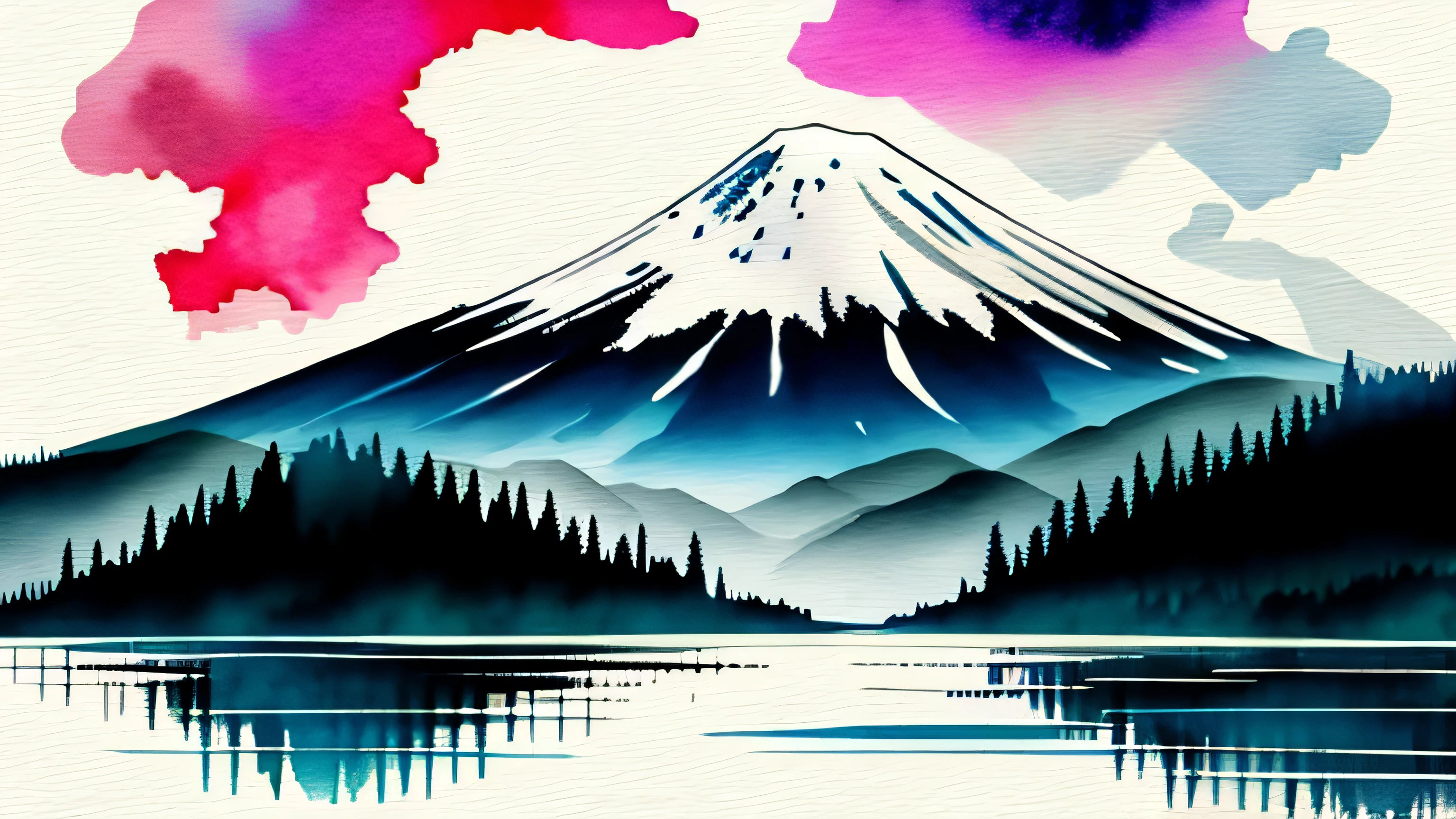 white background, scenery, watercolor, mountain Gran Sasso on Abruzzo, Italy, water, trees, moon, colorful,