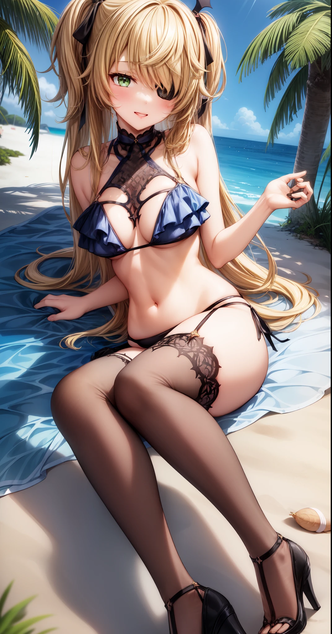anime, beautiful face, highly detailed face, (2 accurate legs:1.0), green detailed eyes, highly detailed beach background, perfect lighting, best lighting, hair ornament, 1girl, solo, fischl, genshin impact, outdoors, on the beach, (beautiful blonde hair:1.2), absurdres, high res, ultrasharp, 8K, masterpiece, looking at viewer, loving smile, BREAK (detailed sexy beach bikini:1.5), (intricate all lace:1.2), (beautiful black heels:1.2),