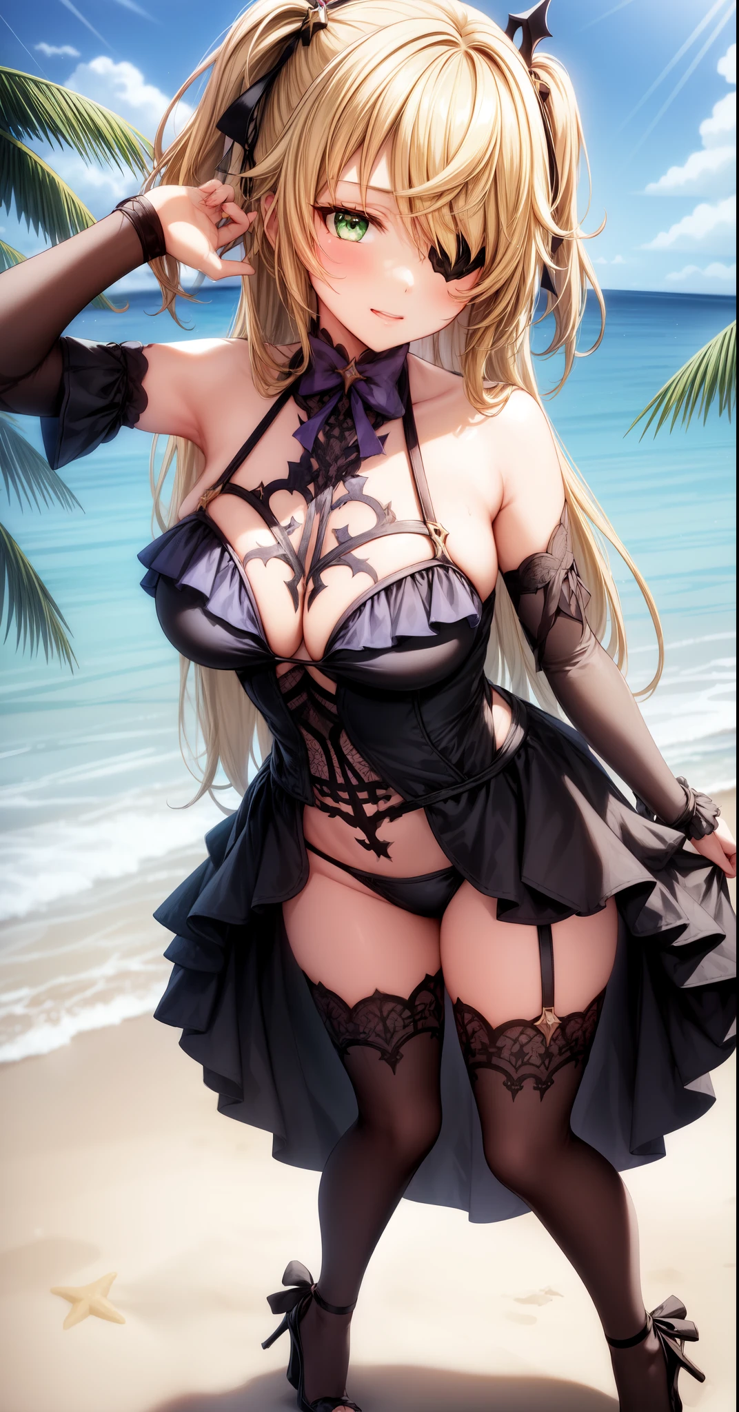 anime, beautiful face, highly detailed face, (2 accurate legs:1.0), green detailed eyes, highly detailed beach background, perfect lighting, best lighting, hair ornament, 1girl, solo, fischl, genshin impact, outdoors, on the beach, (beautiful blonde hair:1.2), absurdres, high res, ultrasharp, 8K, masterpiece, looking at viewer, loving smile, BREAK (detailed sexy beach bikini:1.4), (intricate all lace:1.2), (beautiful black heels:1.2), full body