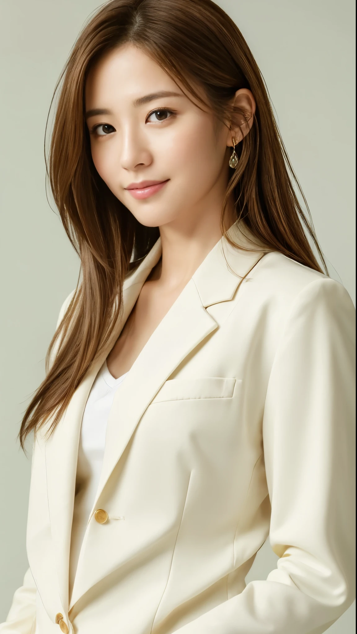 (masterpiece:1.3), (8K, realistic, Raw photo, highest quality: 1.4), Japanese people、 (1 girl), beautiful face, (realistic face), (brown hair, long hair:1.3), beautiful hairstyle, realistic eyes, beautiful details, (realistic skin), beautiful skin, Charm, ultra high resolution, surreal, high detail, golden ratio, look at the beholder,smile, white shirt, formal suit、middle chest, Are standing, actress,