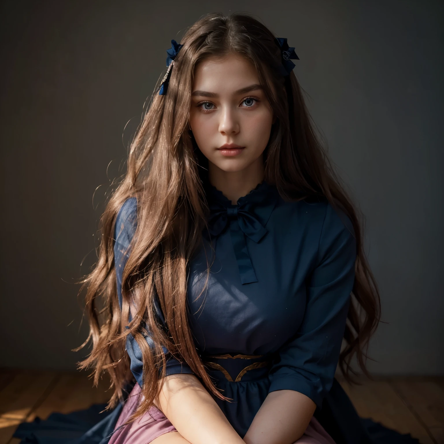 The most beautiful and super realistic girl is 172 tall, wearing a knee-length pink dress, long fluffy hair of a dark Russian shade, very long. Slovenian appearance, neat nose, Asian eye shape, dark blue eyes. Plump lips in a bow.
