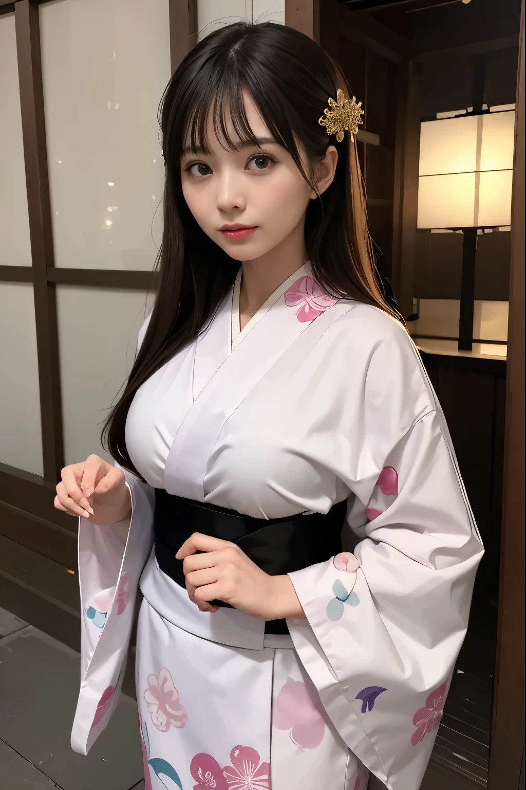 (super highest quality、In 8K、Masseter muscle part、delicate illustrations)、she is a very beautiful japanese housewife.(Around 30 years old)、Odango hairstyle(with hair ornament)、perfect body shape、(Japanese luxury kimono 1.1)、Outside the shrine of Japan、