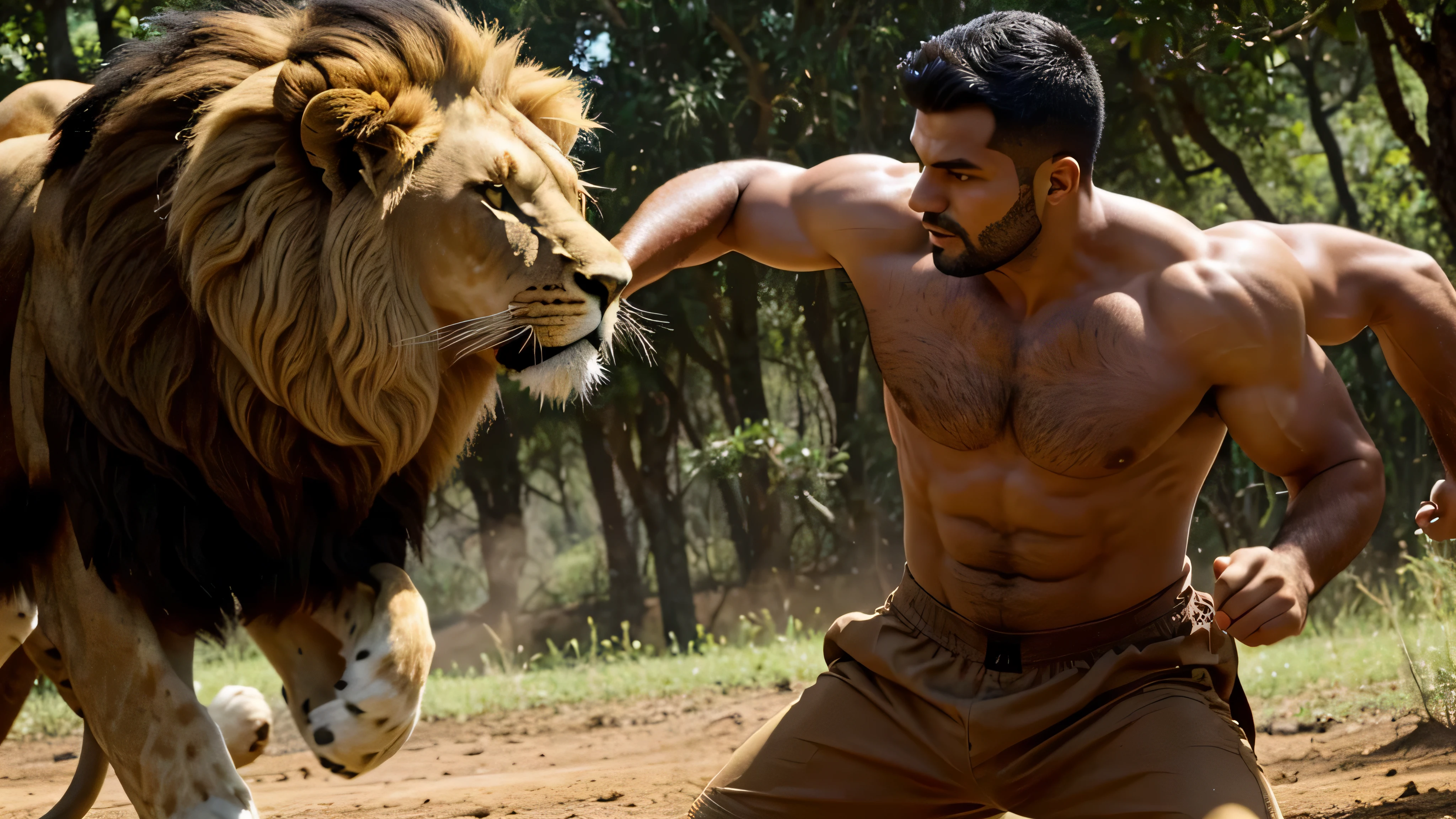 homem jovem, rei DAVI, cabelos ruivos e cumpridos, Fighting a lion, no campo, 