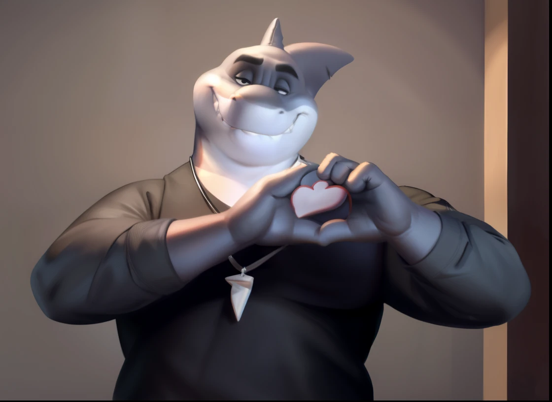 mr Shark, plump, fat, belly, black eyes, (pose:1.3), (posing:1.3), (soft shading), 4k, hi res, five fingers, detailed hands, ((detailed face, (detailed eyes:1.0), detailed)), (full body), by zackarry911, by zaush, (by personalami:0.5), looking at viewer, black shirt, 1boy, male focus, open clothes, pants, black sweater with cap, cap down showing face, dog tags, grey pants, giant head, huge head, big head. Making a heart with his hands