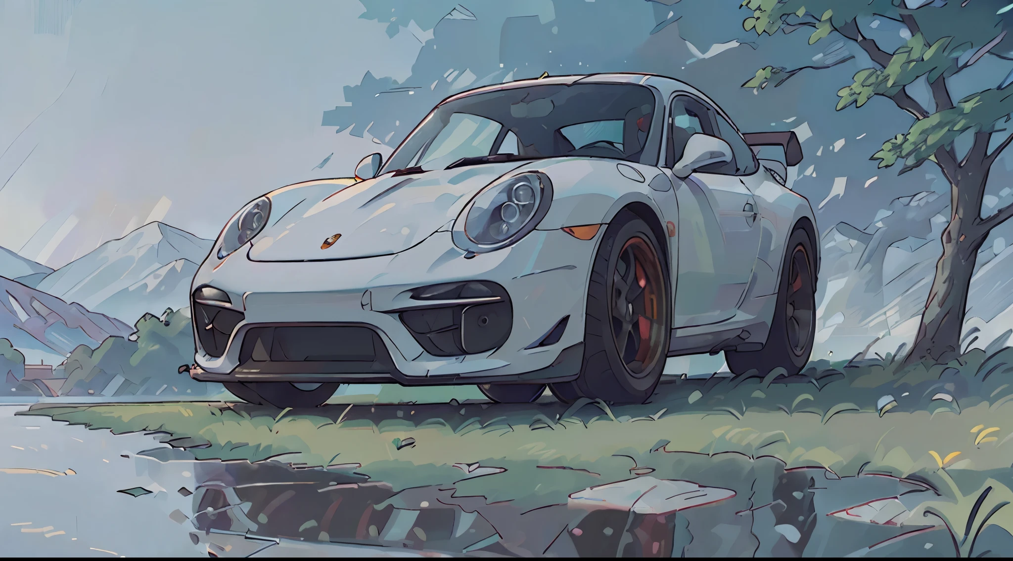 (best quality,high resolution:1.2), ultra-detailed, (realistic:1.37) porsche 911 rwb, beautiful outdoor scenery, detailed reflections on the car's surface, high-quality and precise painting, vibrant colors, natural lighting, with a girl next to it. A white car, a British car.