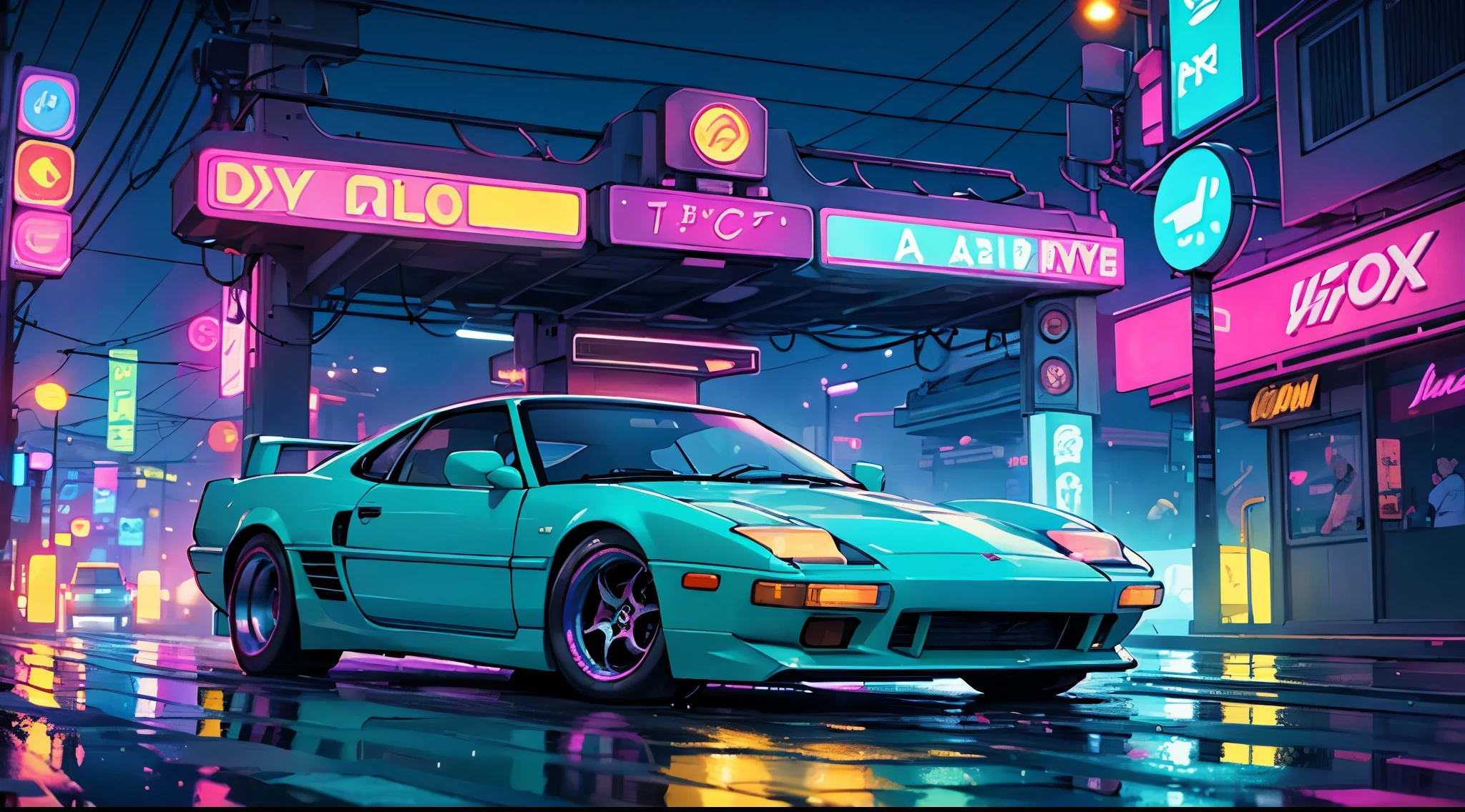 Cool chic car on a wet road. , neon lights, neon, retrowave, club,,,, in love Hemp, colorful, wallpaper, energy, secret, magical environment, omniscience, prediction of the future, understanding the past, frost magic, --v 6