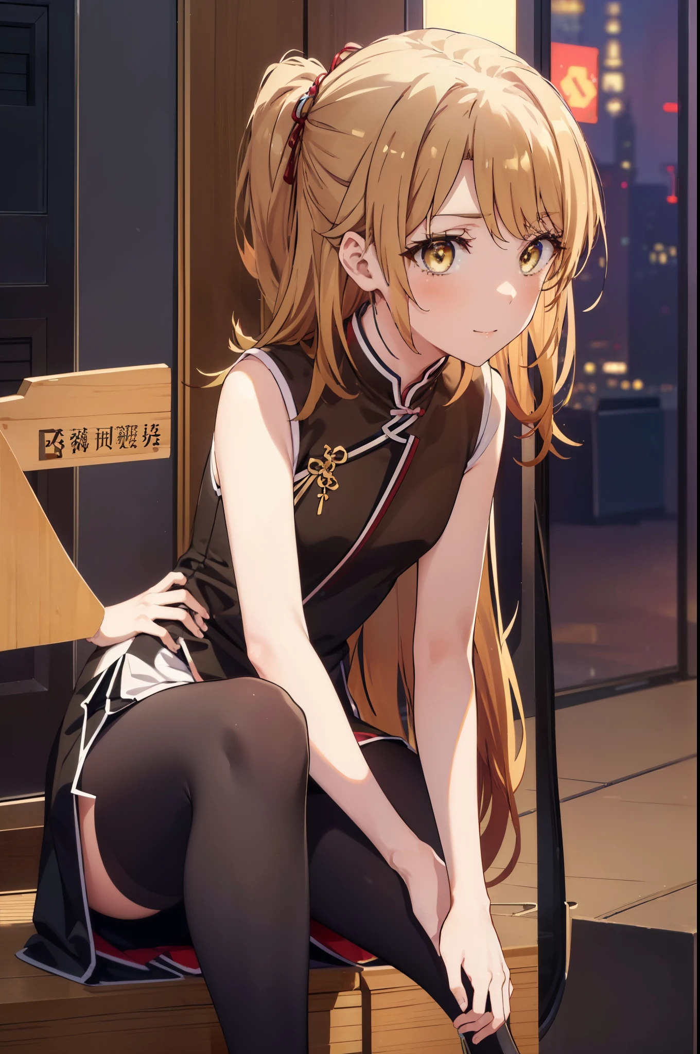 irohaisshiki, Isshiki Iroha, long hair, light brown hair, (brown eyes:1.5), blush,smile,Chinese service,cheongsam dress clothing,Slit skirt,black tights,stiletto heels,Put your right hand on your hip,威張っている
break indoors, 中国風街中
break looking at viewer,
break (masterpiece:1.2), highest quality, High resolution, unity 8k wallpaper, (shape:0.8), (beautiful and detailed eyes:1.6), highly detailed face, perfect lighting, Very detailed CG, (perfect hands, perfect anatomy),