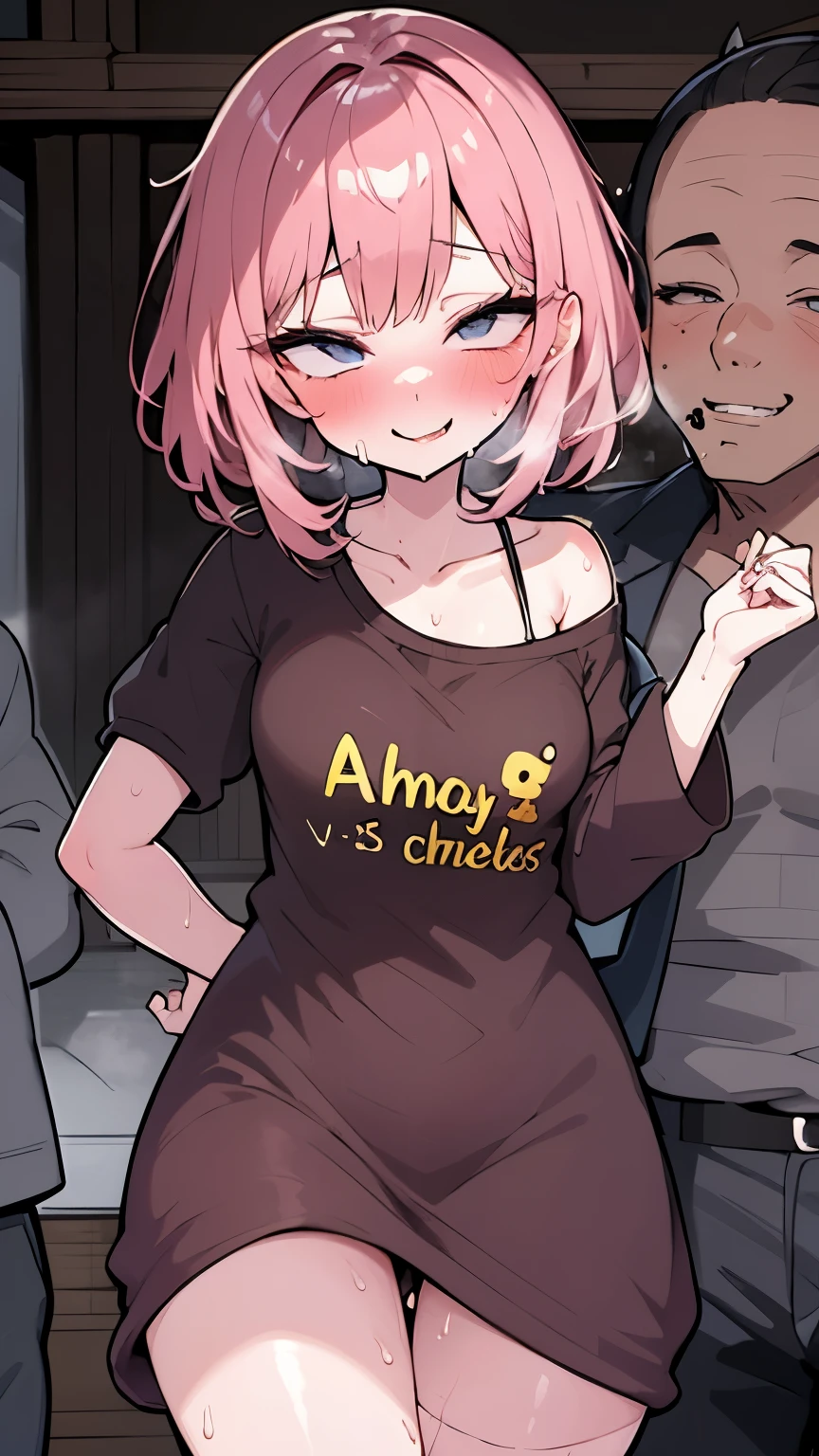 short girl and half-naked black man, A girl wearing an oversized plain pink T-shirt seduces the viewer while looking at him in the bathroom, view from bellow, healthy thighs,(ahegao:1.5, rolling eyes 、netorare face:1.5), 
, , (evil smile:1.2), off shoulder,(wet), long sleeve, tanned skin, Saucy, blush, Naughty play from behind, NTR composition、
((Sweaty half-naked man puts his hand on the girl&#39;s shoulder:1.2)),
absurd solution, super detailed, highest quality, cute illustration,