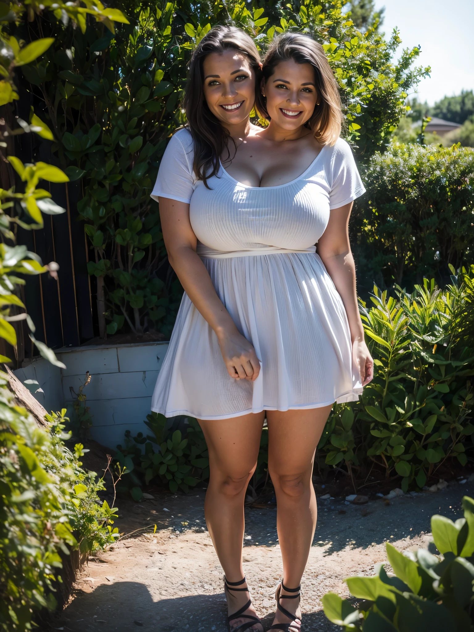 2heads, two headed mom, Swedish, age 34, curvy, outside in her garden, casual dress, short skirt, pretty, enjoying midday sun,