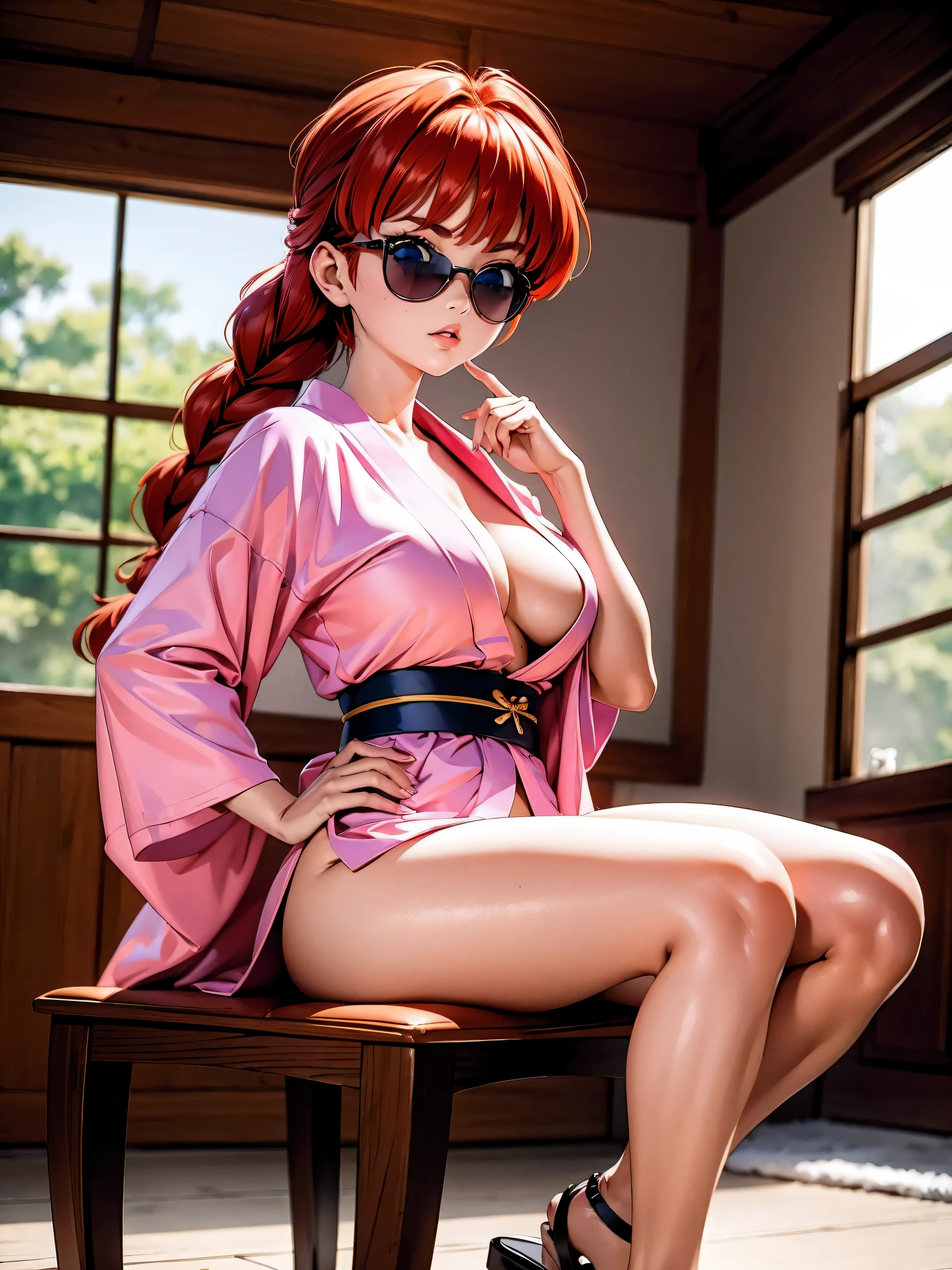 Garota anime ruiva com kimono pink sexy, with sunglasses, Ray-Ban Sunglasses, , corpo bonito, seios grandes, with hands behind head, running your hands through your hair, hand perfectly on the waist, hand on hip, Garota sexy, red hair with braid , gorgeous lighting, sombras suaves, olhos azuis, pernas bonitas, hair with braid, estilo anime, Ranma Chan, Autora Rumiko Takahashi, Baseado em obra de Rumiko Takahashi, Anime Ranma 1/ 2, decote sexy, quadril robusto, corpo inteiro, corpo inteiro, busto grande, garota jovem com corpo belo e bonito, sandals on his feet, garota 16 anosbaixa estatura, wearing a sexy pink kimono and sunglasses, Ray-Ban Sunglasses, garota anime, estilo anime, beautiful feet in sandals, sitting on the floor, 45° viewing angle, ao ar livre, postura ereta