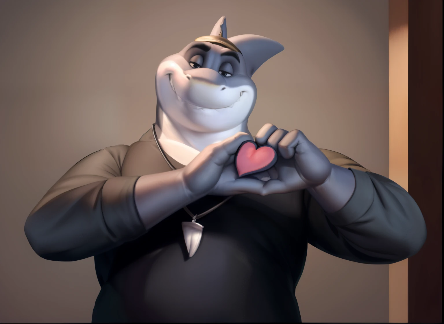 mr Shark, plump, fat, belly, black eyes, (pose:1.3), (posing:1.3), (soft shading), 4k, hi res, five fingers, detailed hands, ((detailed face, (detailed eyes:1.0), detailed)), (full body), by zackarry911, by zaush, (by personalami:0.5), looking at viewer, black shirt, 1boy, male focus, open clothes, pants, black sweater with cap, cap down showing face, dog tags, grey pants, giant head, huge head, big head. Making a heart with his hands