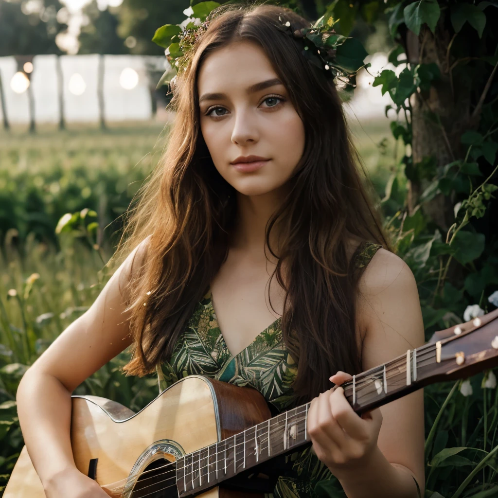 Beautiful girl, Beautiful eyes, graceful fingers, natural makeup, in a dress made of plants, Colors, plays guitar, field with lights, Hyper detail, mystical light light