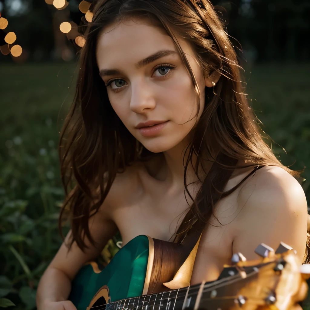 Naked, Beautiful girl, Beautiful eyes, graceful fingers, natural makeup, in a dress made of plants, Colors, plays guitar, field with lights, Hyper detail, mystical light light