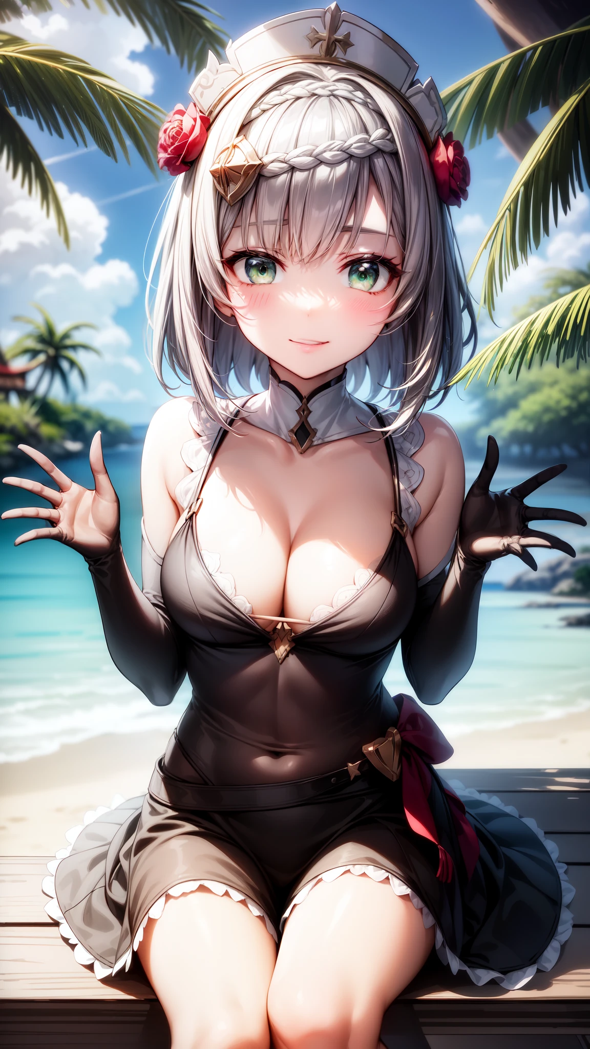 anime, beautiful face, highly detailed face, (2 accurate legs:1), green detailed eyes, highly detailed beach background, perfect lighting, best lighting, (no shadows:1.2), 1girl, solo, outdoors, genshin impact, hair ornament, noelle, (beautiful sliver hair:1.2), absurdres, high res, ultrasharp, 8K, masterpiece, looking at viewer, affectionate smile, facial expressions full of love, blushing, BREAK (detailed sexy beach bikini:1.3), (all intricate lace:1.2), (incoming hands:1.2), (hands reaching out towards camera:1.4), sitting down on the beach 